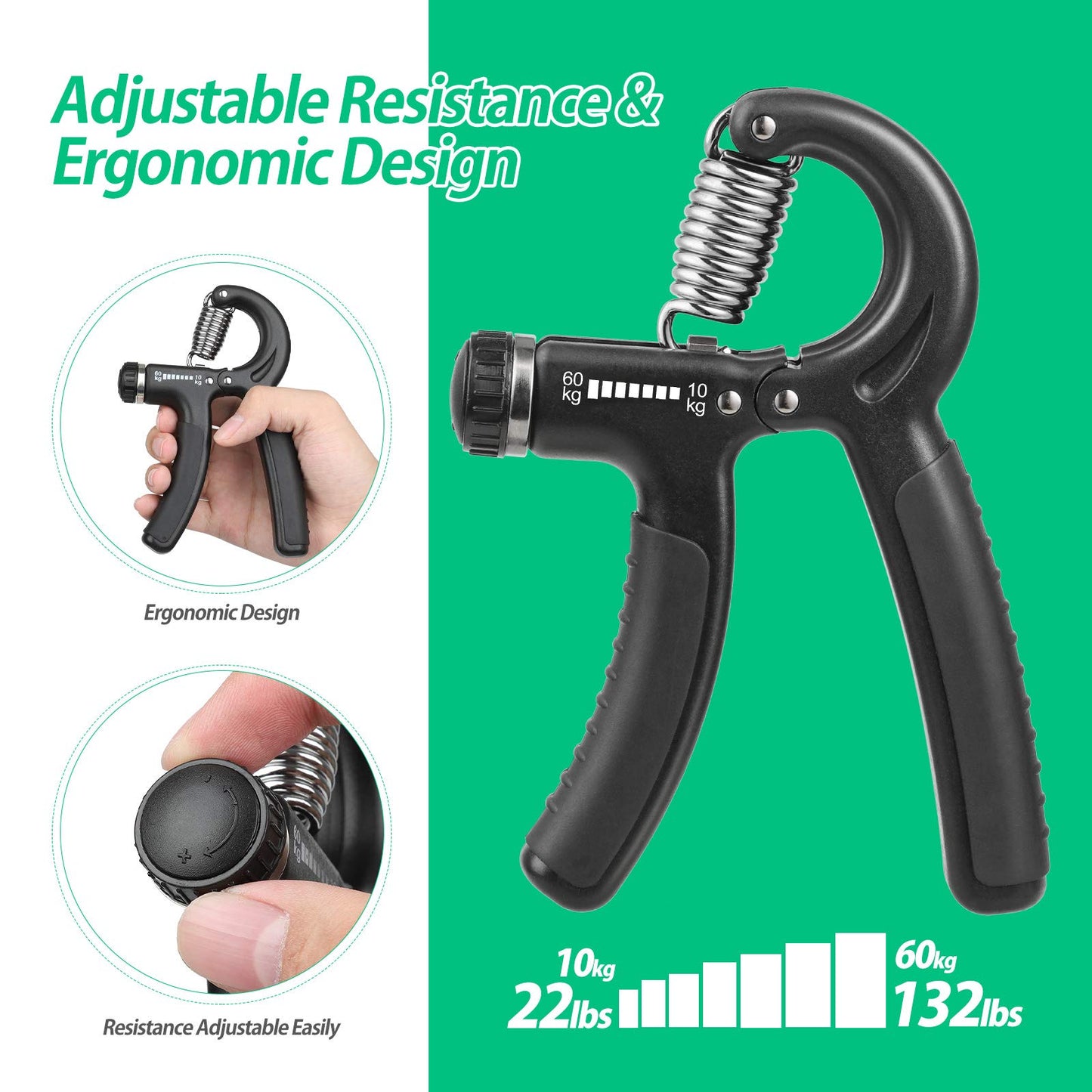 NIYIKOW Grip Strength Trainer, Hand Grip Strengthener, Adjustable Resistance 22-132Lbs (10-60kg), Forearm Strengthener, Perfect for Musicians Athletes (Black, 1 Pack)