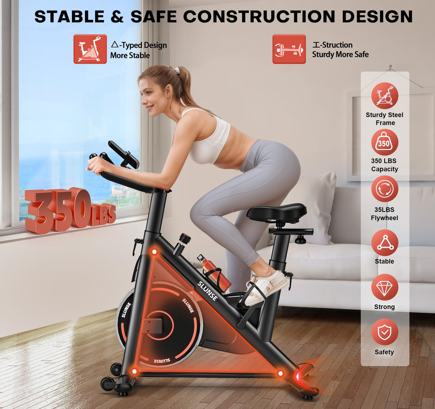 Exercise Bike, Adjustable Magnetic Resistance Stationary Bikes for Home with App Compatible, Silent Indoor Cycling Bike with 350lbs Weight Capacity Comfortable Seat, Digital Monitor & Phone Mount