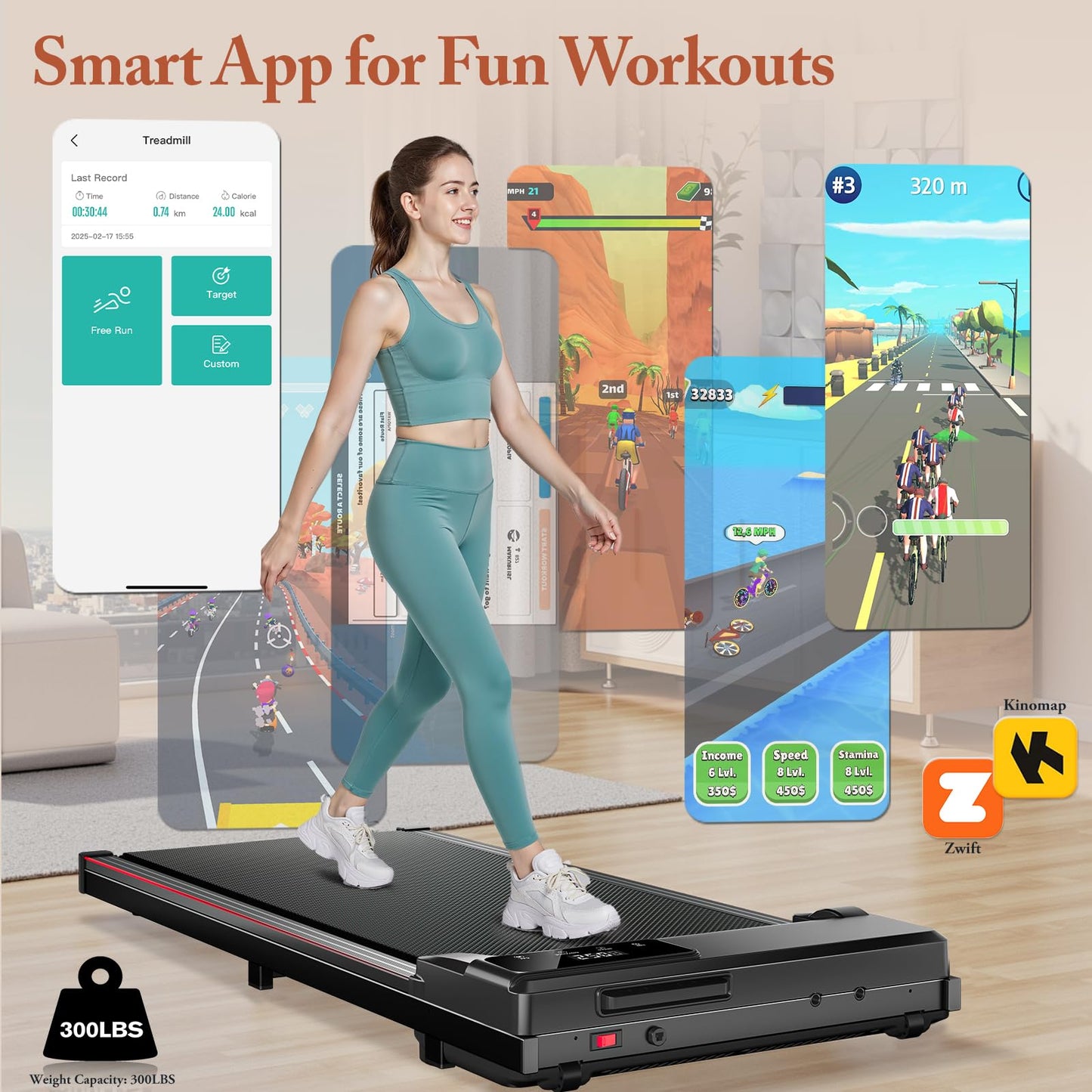 Incline Treadmill for Home, 300+ lb Capacity, Quiet Foldable Treadmills with Handle Bar, Compact Running Machine Walking Pad with APP