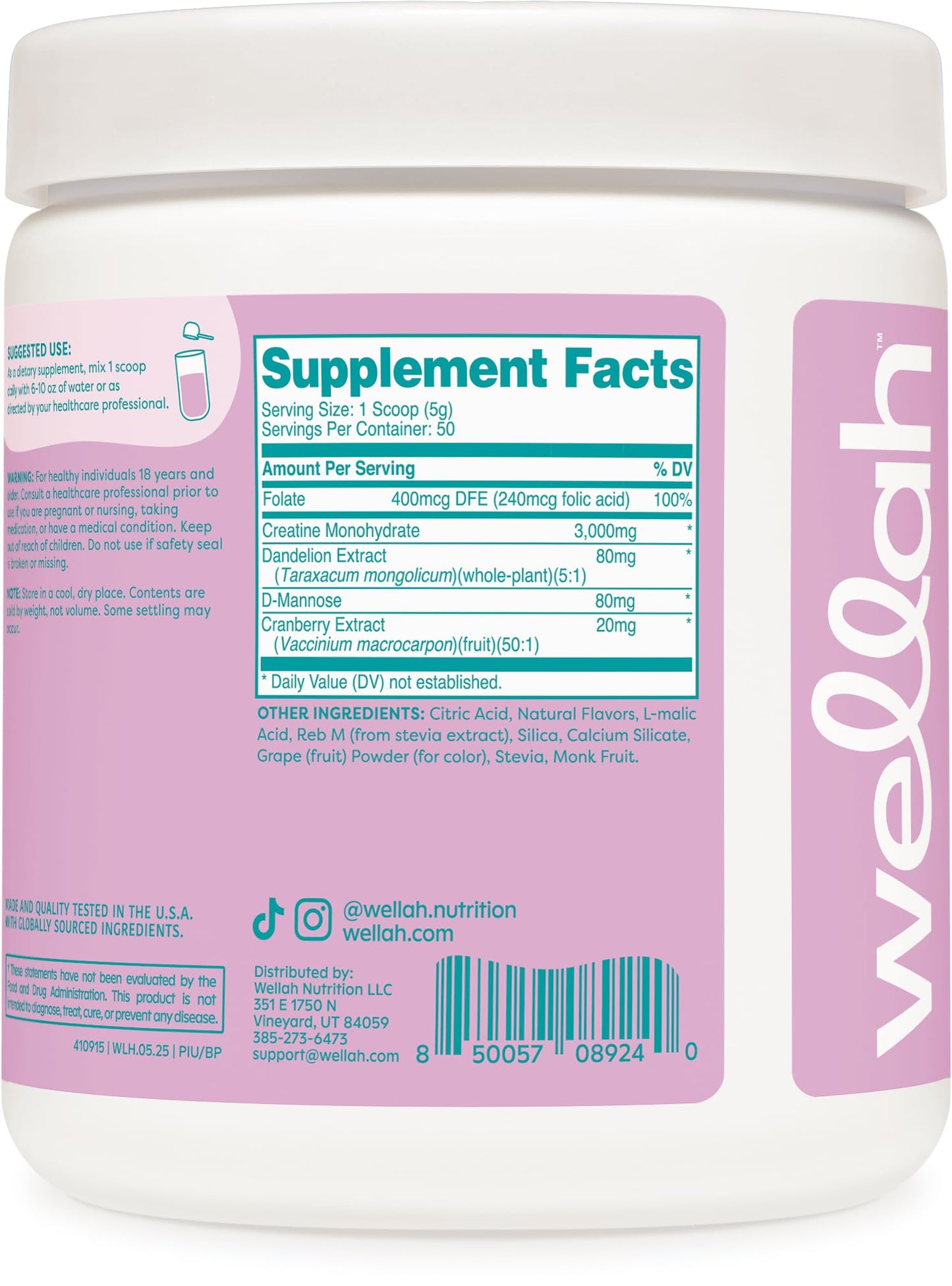 Wellah Pump-It-Up Creatine (50 Servings, Blueberry Pomegranate) - Creatine Monohydrate with Dandelion, & Cranberry Extract