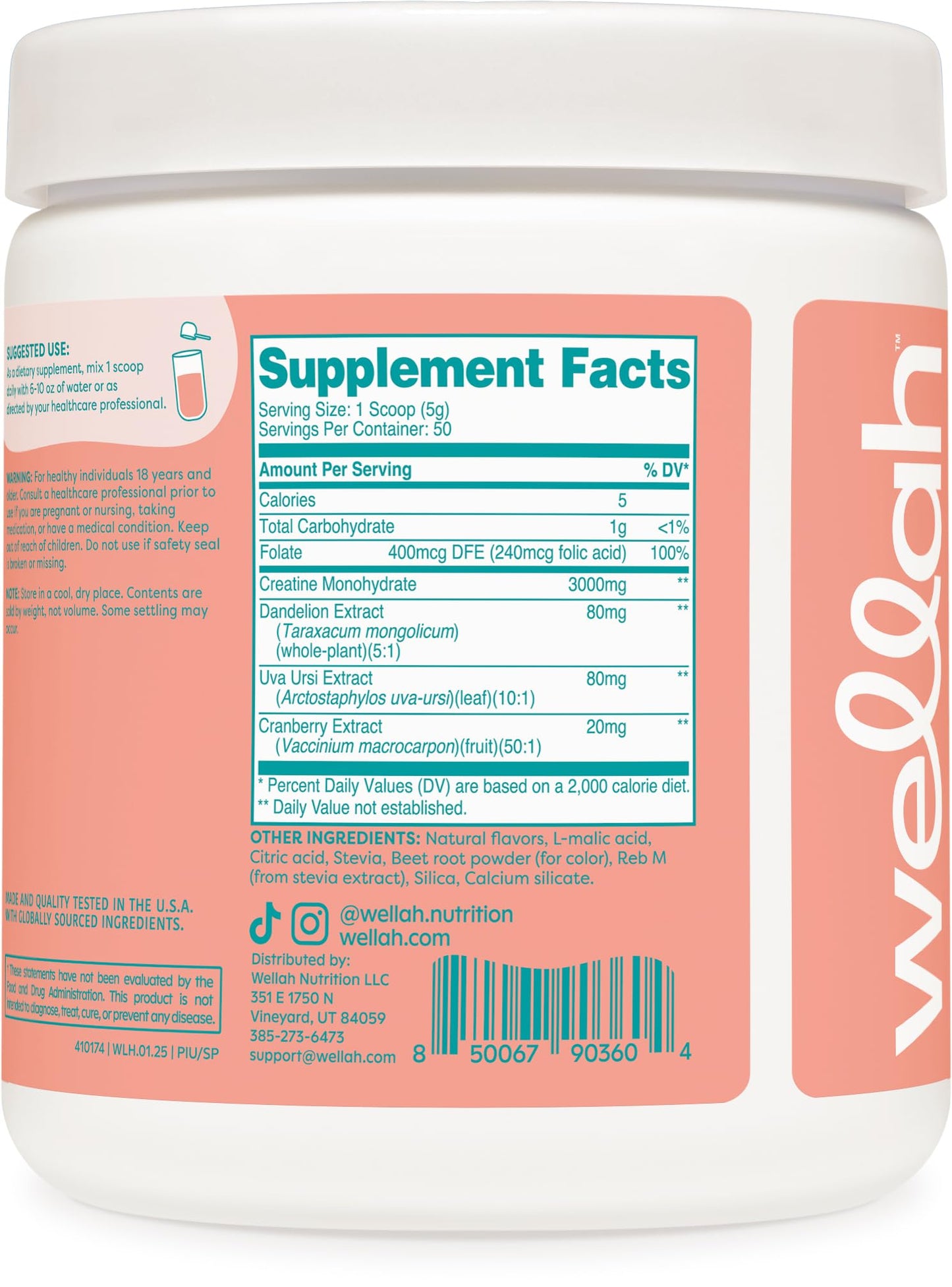 Wellah Pump-It-Up Creatine (50 Servings, Strawberry Pina Colada) - Creatine Monohydrate with Dandelion, Uva Ursi, & Cranberry Extract