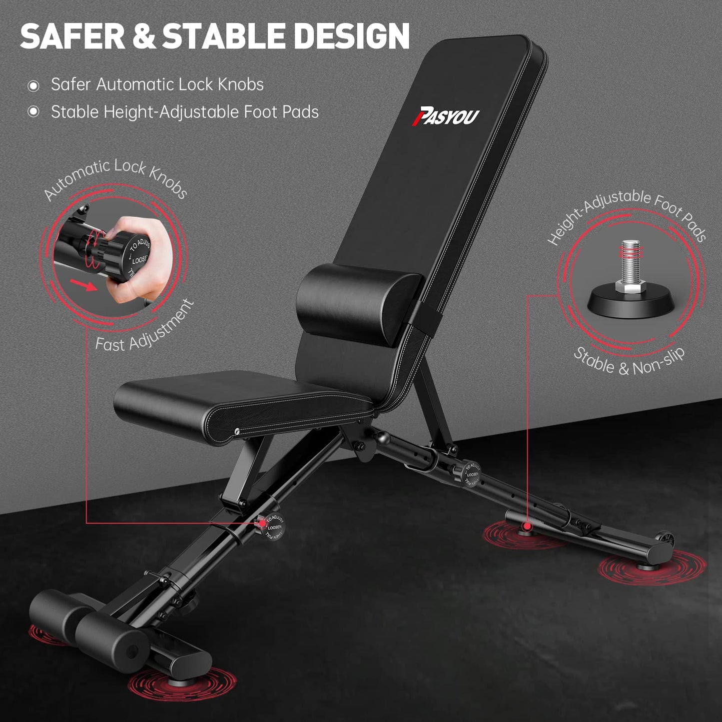 PASYOU Adjustable Weight Bench,880LB Weight Capacity for Strength Training Bench Press Foldable Incline Decline Bench for Full Body Workout PA500