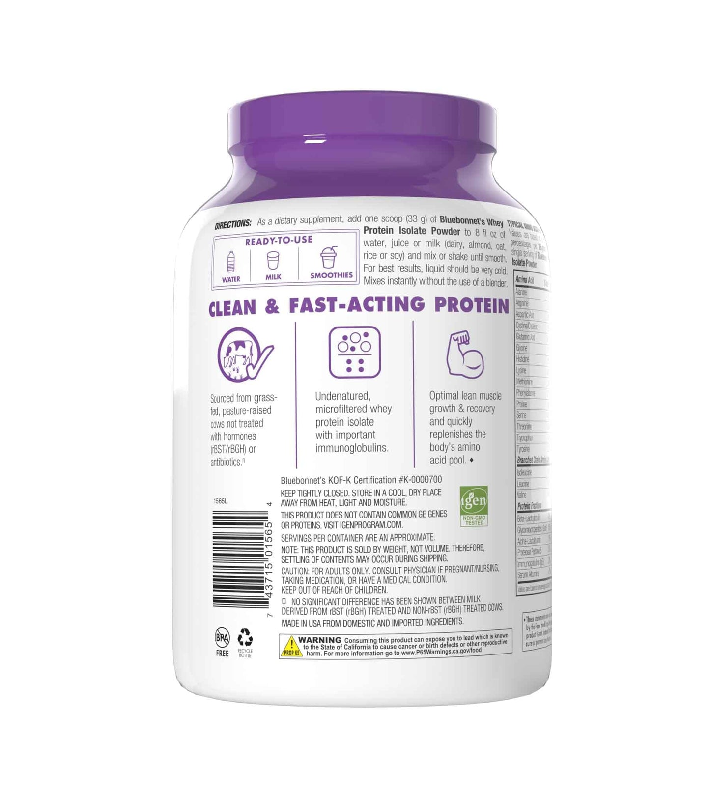 BlueBonnet Nutrition Whey Protein Isolate Powder From Grass Fed Cows, 26g of Protein, No Sugar Added, Gluten & Soy free, kosher Dairy, 2 Lbs, 28 Servings, French Vanilla Flavor