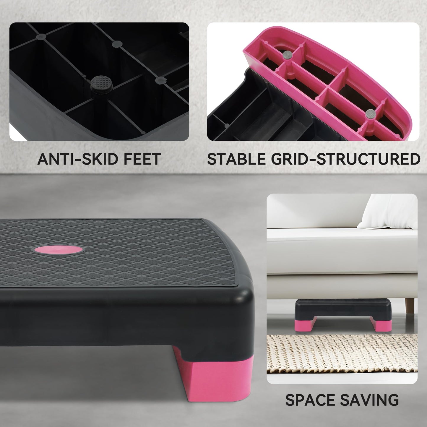 Fitvids 18" Workout Aerobic Stepper Step Platform with 2 Risers, Lightweight Portable Step Up Platform Trainer, Adjustable Height 3.2’’ 5.5’’ for Home Gym, Black and Pink