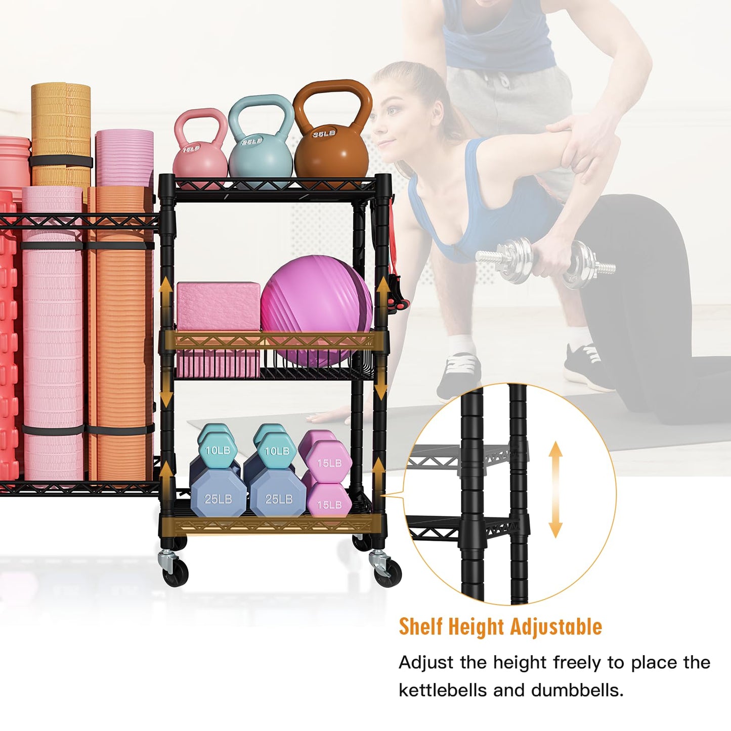 FUTASSI S2 Home Gym Storage, Rolling Yoga Mat Storage and Organizer, Sport Equipment Rack for Dumbbells, Kettlebells, Foam Rollers, Resistance Bands, 11.8" D x 36" W x 32.5" H, Black