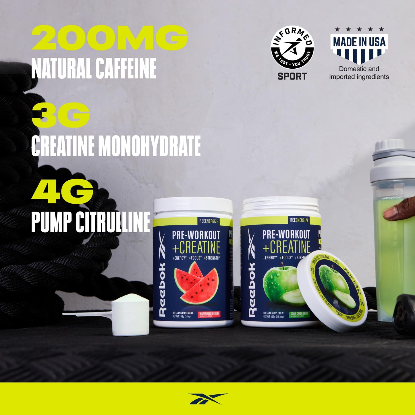 Reebok Pre-Workout Powder | 200mg Natural Caffeine, 3g Creatine Monohydrate, 4g Citrulline | Strength, Focus & Pump | Informed-Sport Certified | ReeEnergize | Sour Green Apple