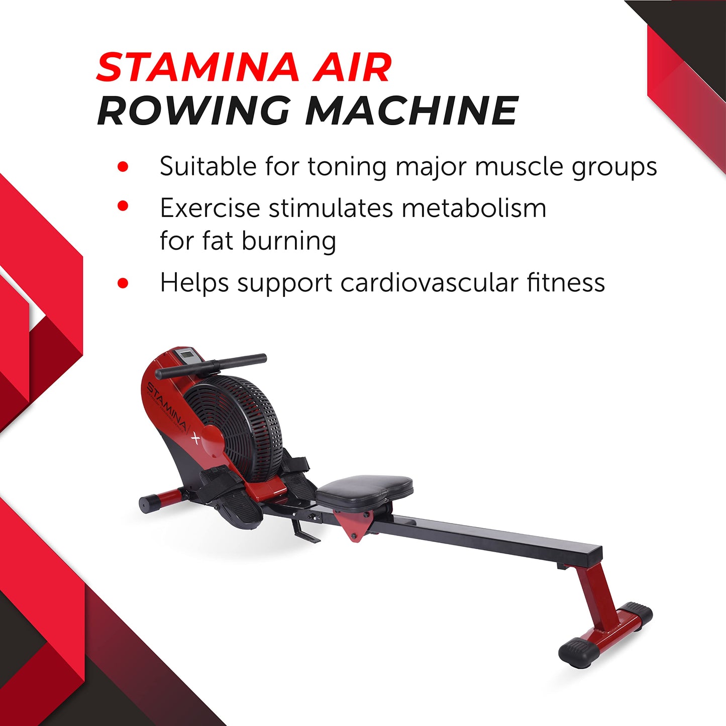 Stamina X ATS Air Rower Machine with Smart Workout App - Foldable Rowing Machine with Dynamic Air Resistance for Home Gym Fitness - Up to 250 lbs Weight Capacity - Red/Black