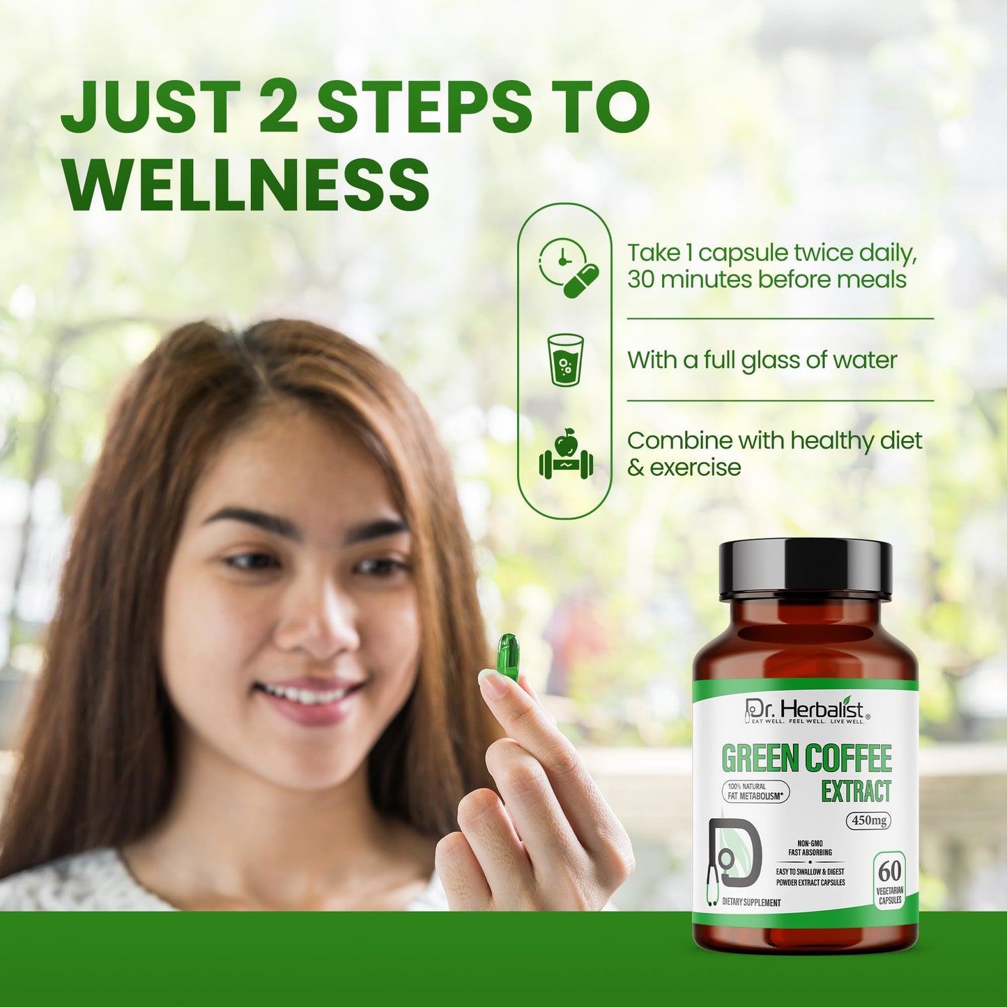 Dr. Herbalist Green Coffee Extract 450mg – 60 Vegan Capsules | 10:1 (4,500mg Raw Eq) | Caffeine-Free Unroasted Coffee Bean Supplement