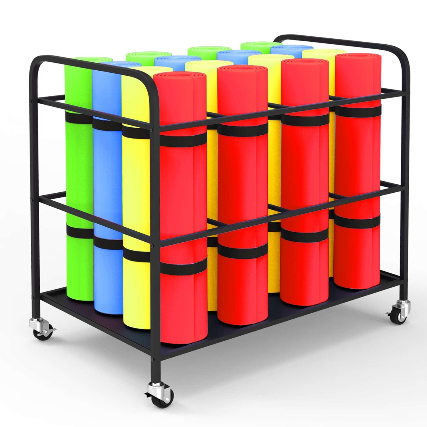 ElveBuka Large Yoga Mat Storage Rack Cart with Wheels, Metal Yoga Mat Holder Basket Home Gym Foam Rollers Organizer for Home Gym Yoga Studio(Stand Only, No Mats)
