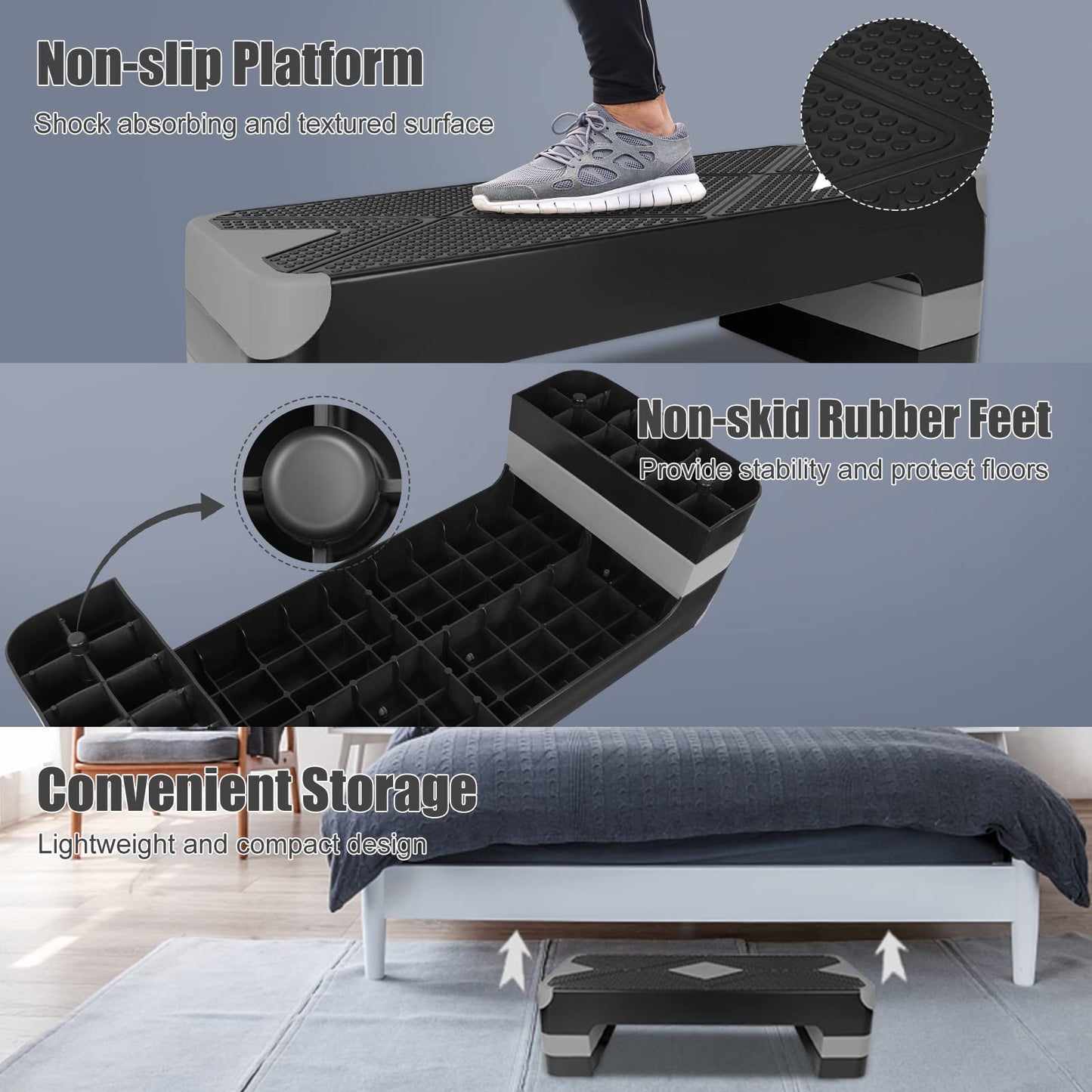 HaoKang Adjustabl Aerobic Stepper Fitness Step Platform Health Workout for Sports Training Black-Grey