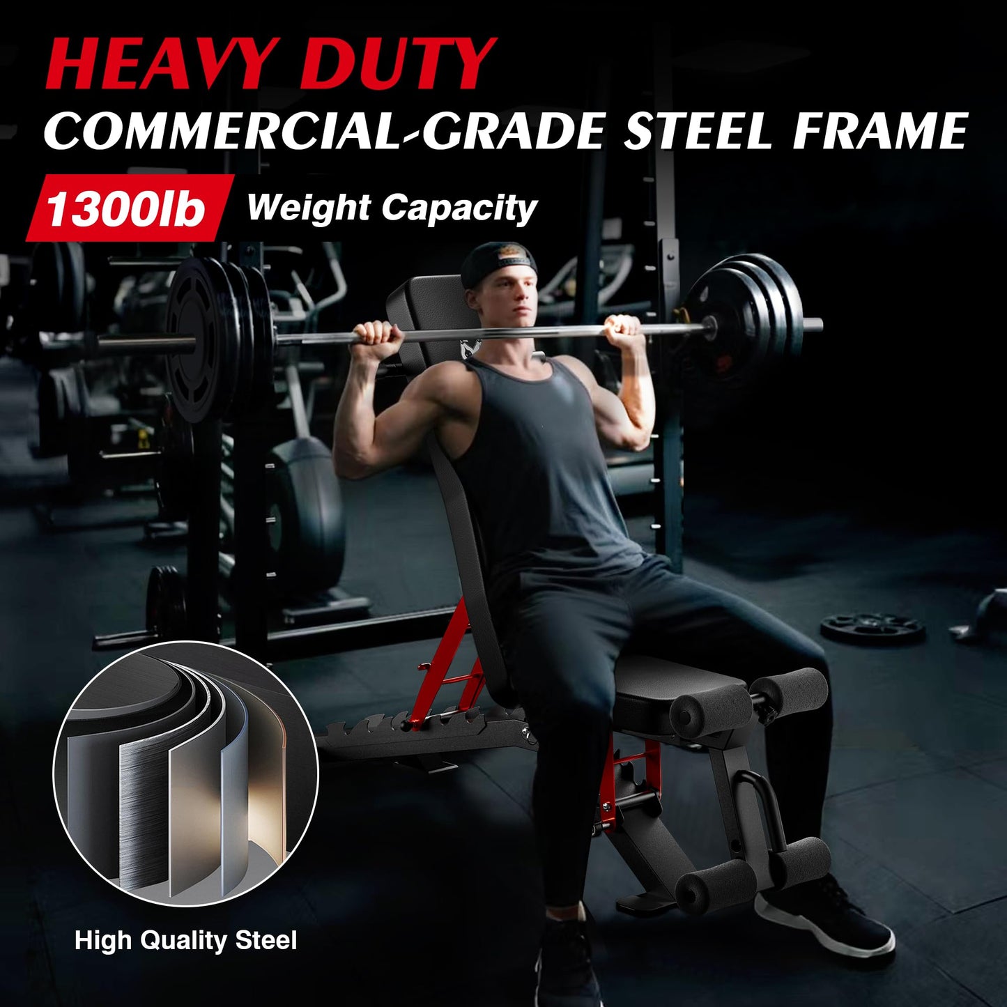 Adjustable Weight Bench - Foldable Workout Bench for Home Gym, Heavy Duty 1300lb Capacity Full Body Strength Training with 8-Level Incline/Flat/Decline Positions & Space-Saving Design