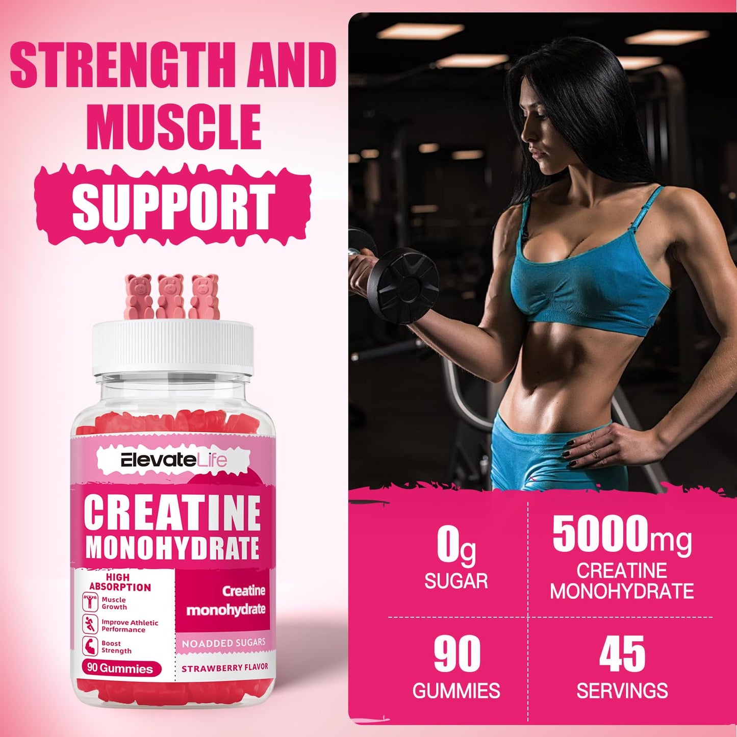 ElevateLife Creatine Monohydrate Gummies 5000mg for Men & Women, Chewables Creatine Monohydrate for Muscle Strength, Muscle Builder, Energy Boost, Pre-Workout Supplement(90 Count)-Strawberries