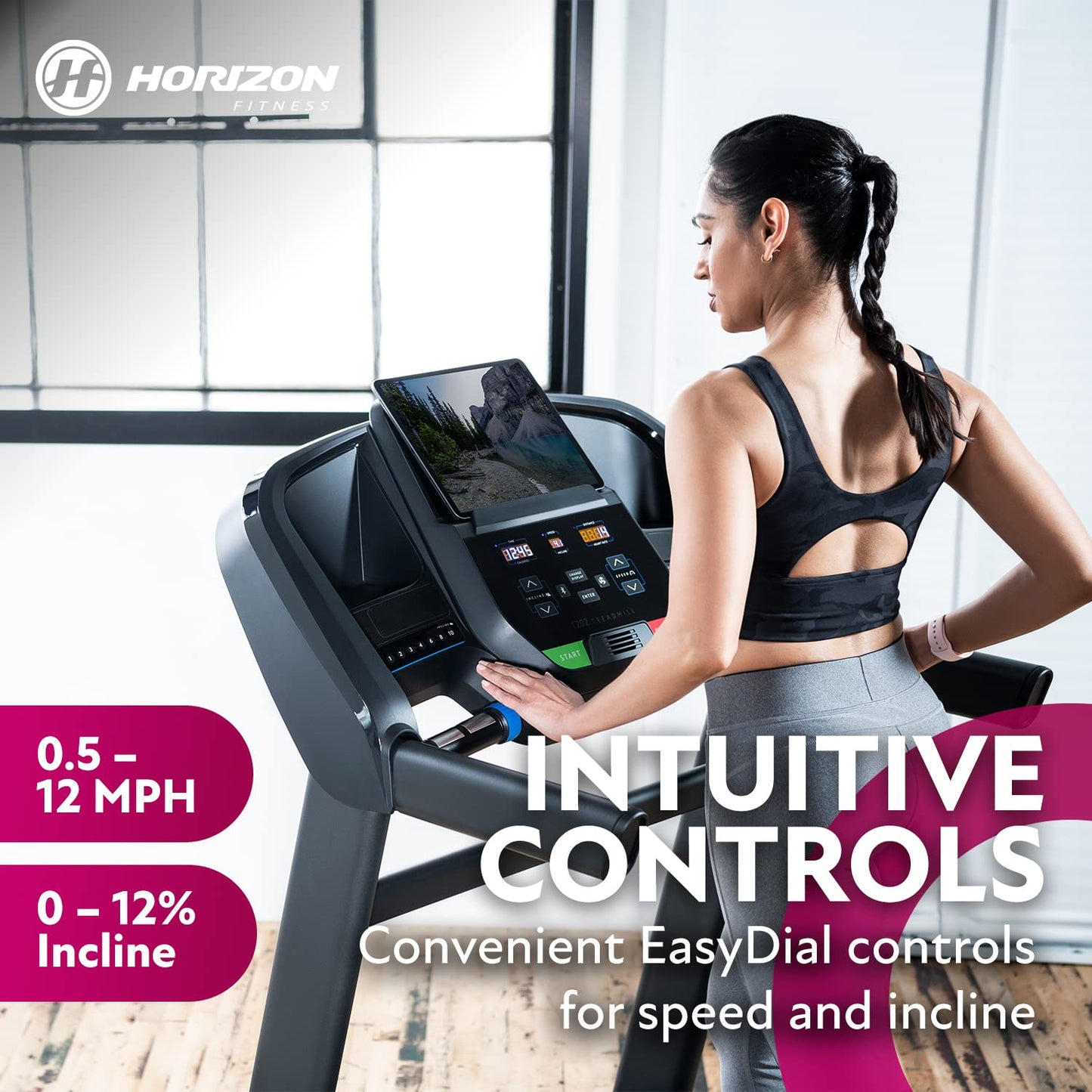 Horizon Fitness T202 Foldable Treadmill Running Machine with Incline, Fitness & Cardio, Lightweight Folding Treadmill with Bluetooth Speakers, EasyDial Controls, Tablet Holder, 325lb Capacity