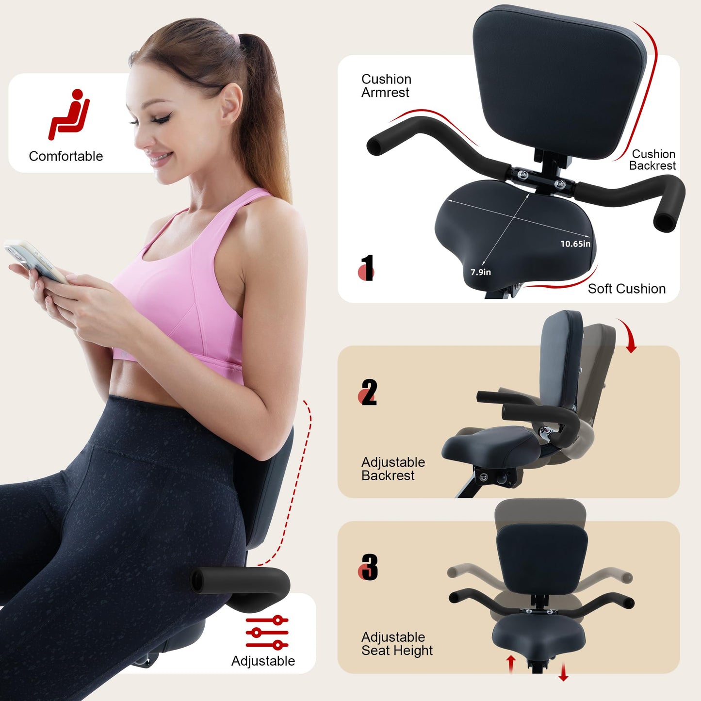 BARWING Stationary Exercise Bike for Home Workout, 5 IN 1 Foldable Indoor Cycling Bike for Seniors, 350LB Capacity, 16-Level Magnetic Resistance, Seat Backrest Adjustments (Black)