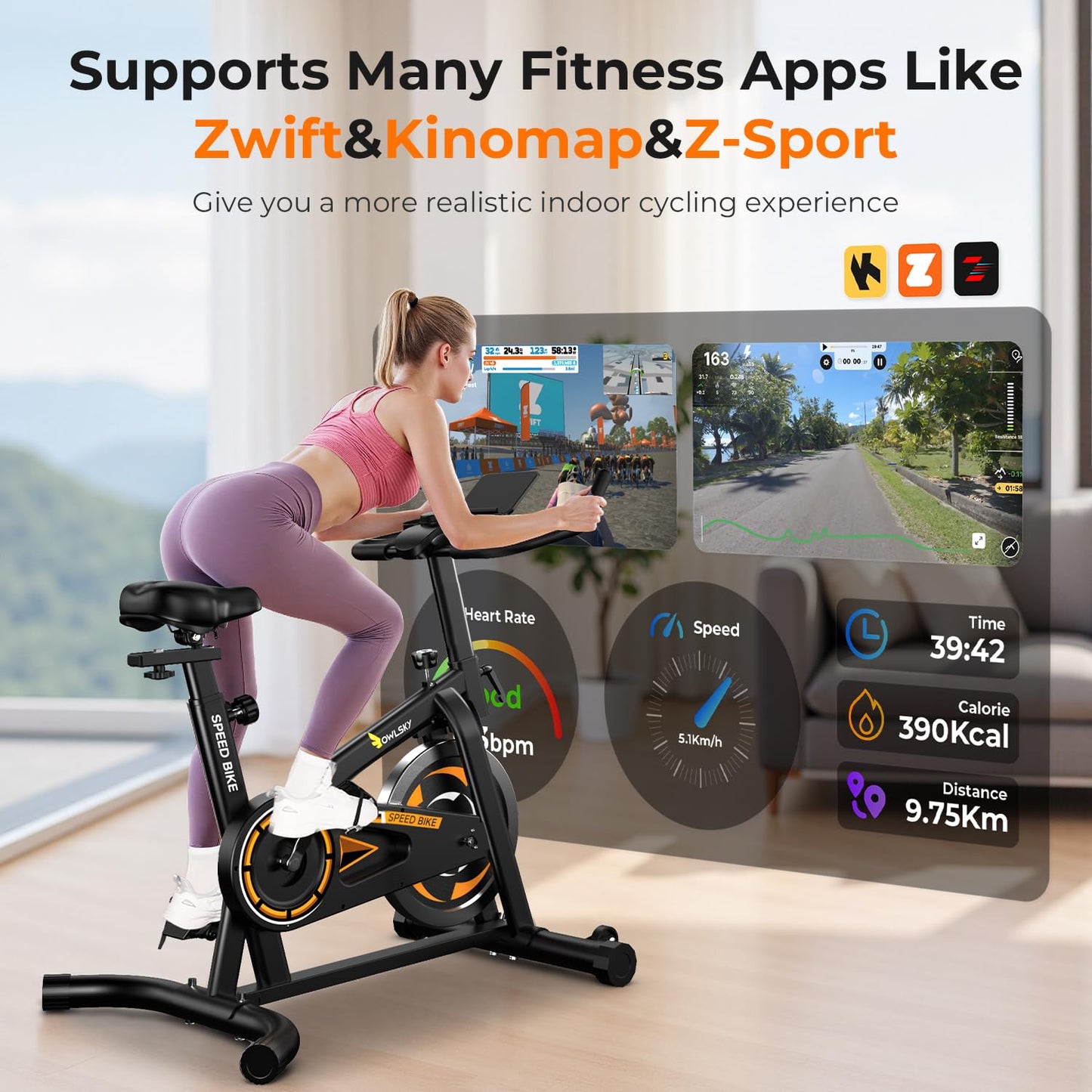 OWLSKY Exercise Bike with APP, Wool Felt Indoor Cycling Bike, 300 lbs Capacity Quiet Stationary Bike for Home Gym Cardio Workout, Adjustable Seat & Tablet Holder