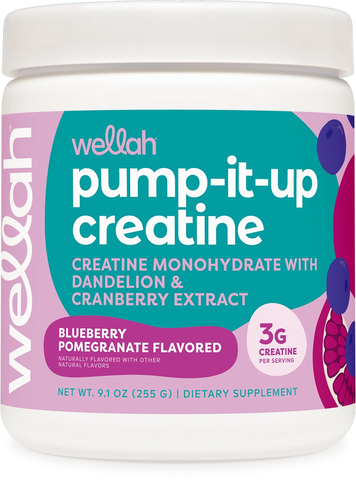 Wellah Pump-It-Up Creatine (50 Servings, Blueberry Pomegranate) - Creatine Monohydrate with Dandelion, & Cranberry Extract