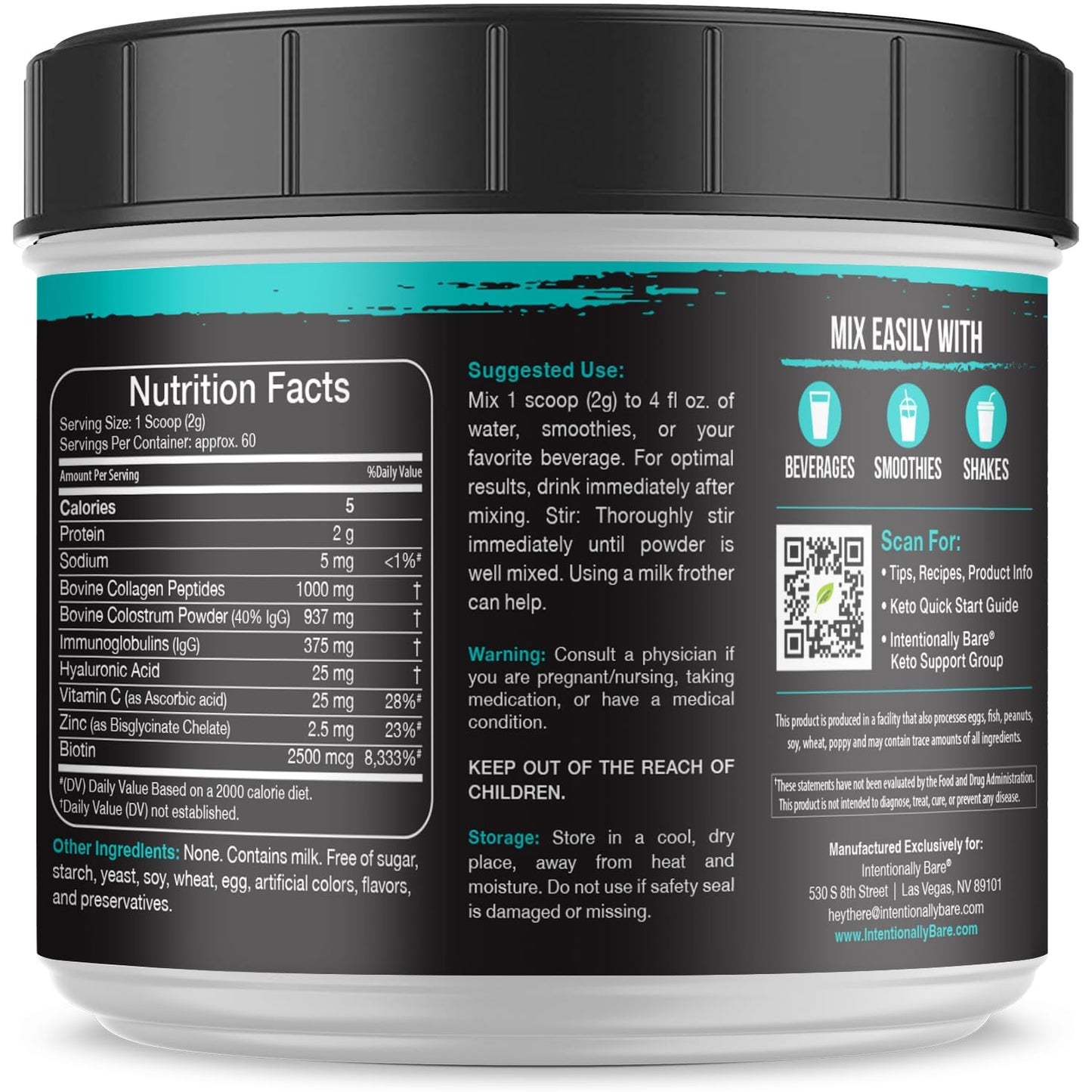 Intentionally Bare Colostrum and Collagen Powder - Grass-Fed Colostrum Powder with Biotin and Hyaluronic Acid - Unflavored Collagen Powder for Skin, Immunity, Joint and Gut Health - 60 Servings
