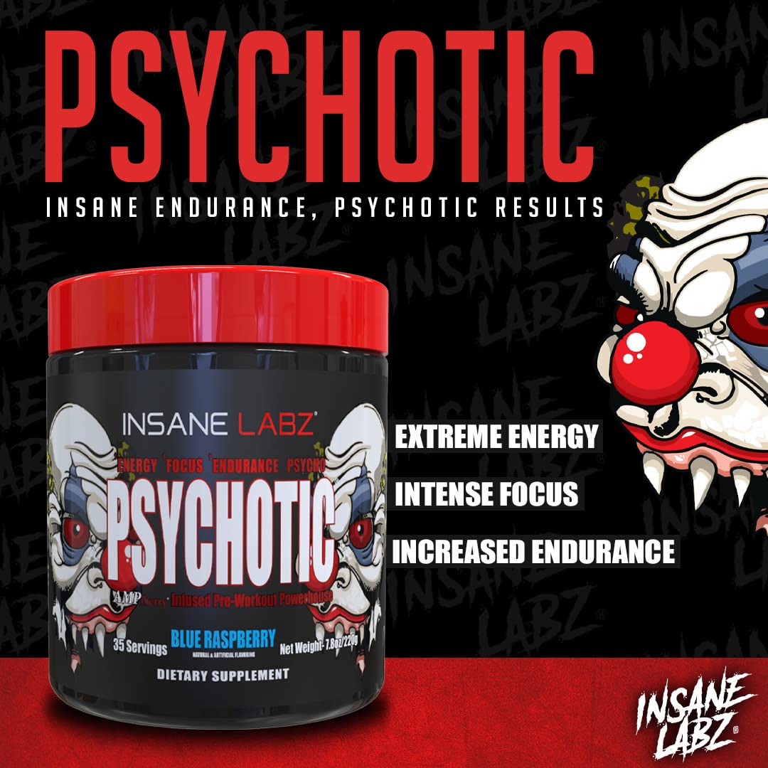 Insane Labz Psychotic, High Stimulant Pre Workout Powder, Extreme Lasting Energy, Focus and Endurance with Beta Alanine, Creatine Monohydrate DMAE, 35 Srvgs (Fruit Punch)