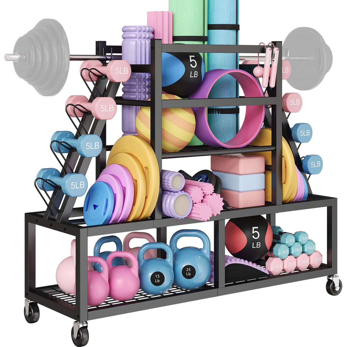 HavenlyYouth Dumbbell Rack Weight Rack Storage-Large Dumbbells Rack Home Gym Storage,Multilevel Workout Storage Organizer with Wheels and Barbell Holder,Perfect for Yoga Mat Balls Kettlebells and Fitness Gear,black