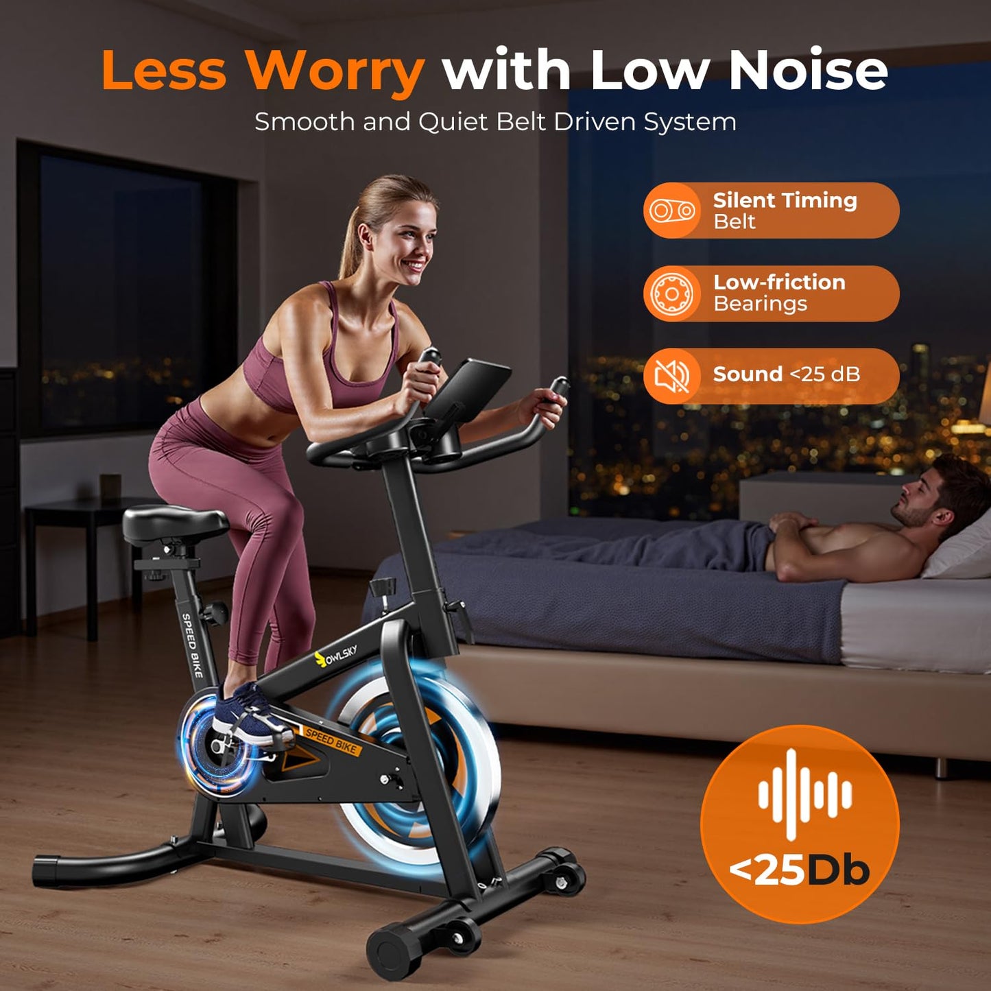 OWLSKY Exercise Bike with APP, Wool Felt Indoor Cycling Bike, 300 lbs Capacity Quiet Stationary Bike for Home Gym Cardio Workout, Adjustable Seat & Tablet Holder