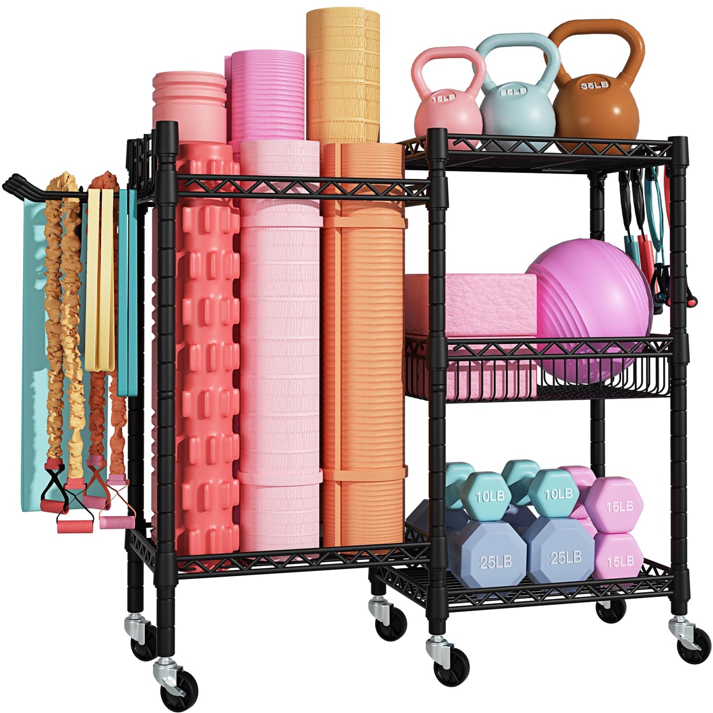 FUTASSI S2 Home Gym Storage, Rolling Yoga Mat Storage and Organizer, Sport Equipment Rack for Dumbbells, Kettlebells, Foam Rollers, Resistance Bands, 11.8" D x 36" W x 32.5" H, Black