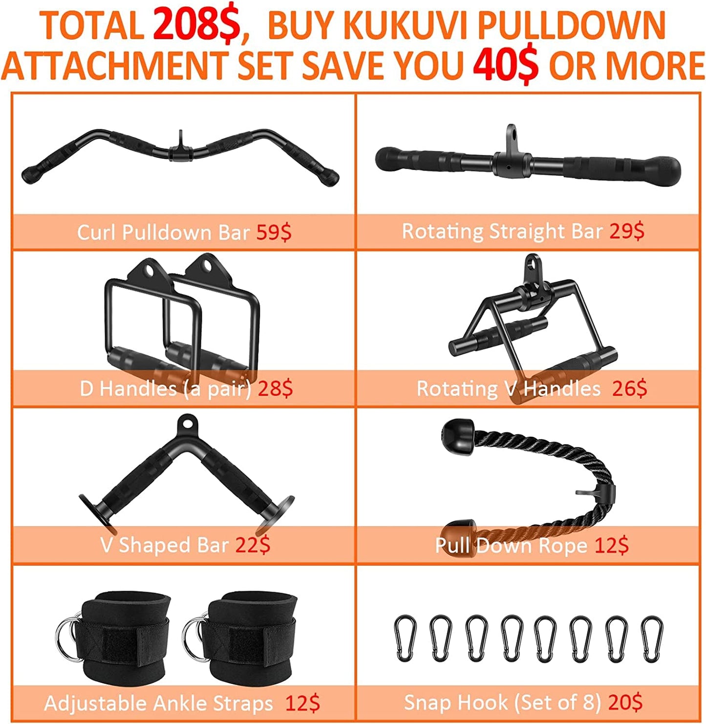 KUKUVI LAT Pulldown Bar Attachments, Cable Machine Accessories for Home Gym, Triceps Pull Down Equipment Weight Fitness & Power Exercise Set for Arm Strength Workout Training - Black