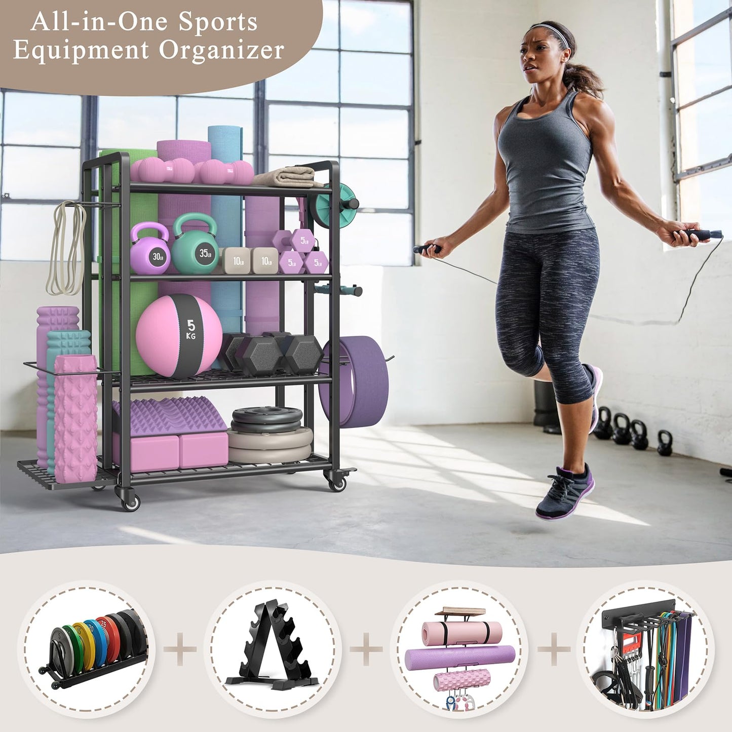 4-Tier Dumbbell Rack Stand Only, Adjustable Weight Rack for Dumbbells Kettlebells Yoga Mat, Home Gym Storage Rack with Wheels and Hooks, Powder Coated Finish (Large)