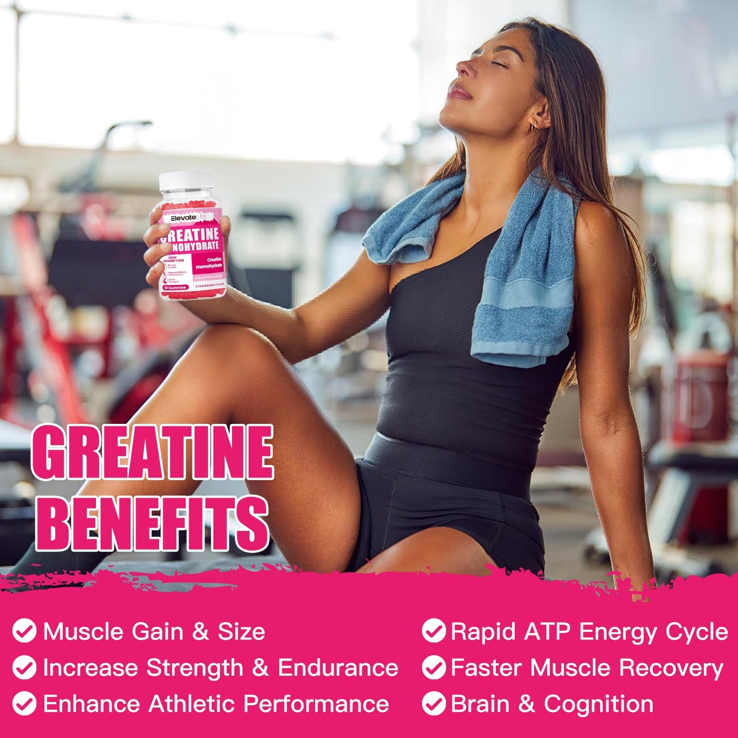 ElevateLife Creatine Monohydrate Gummies 5000mg for Men & Women, Chewables Creatine Monohydrate for Muscle Strength, Muscle Builder, Energy Boost, Pre-Workout Supplement(90 Count)-Strawberries