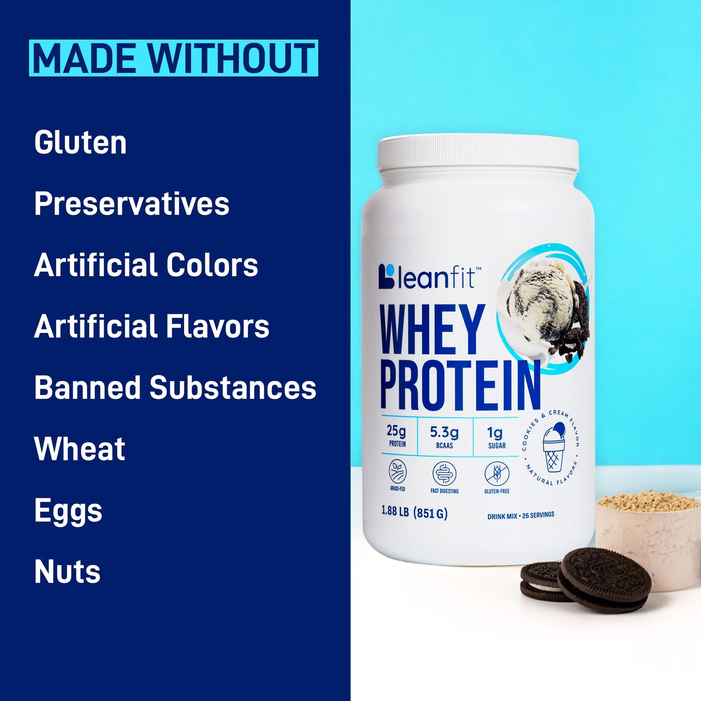 LeanFit WHEY Protein Cookies & Cream - 100% Whey Protein Powder, 25g Protein Per Serving - Grass-Fed, Gluten-Free, BCAAs, Amino Acid - 26 Servings, 1.88 lb Tub