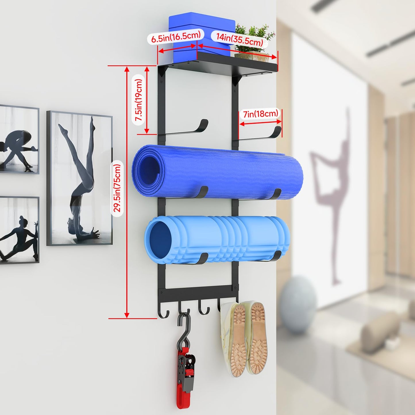 LSK Yoga Mat Holder Wall Mount, Black Yoga Mats Storage Rack, Home Gym Storage with Metal Floating Shelf for Storing Fitness, Yoga Mat Rack with 5 Hooks for Hanging Foam Rollers and Resistance Bands