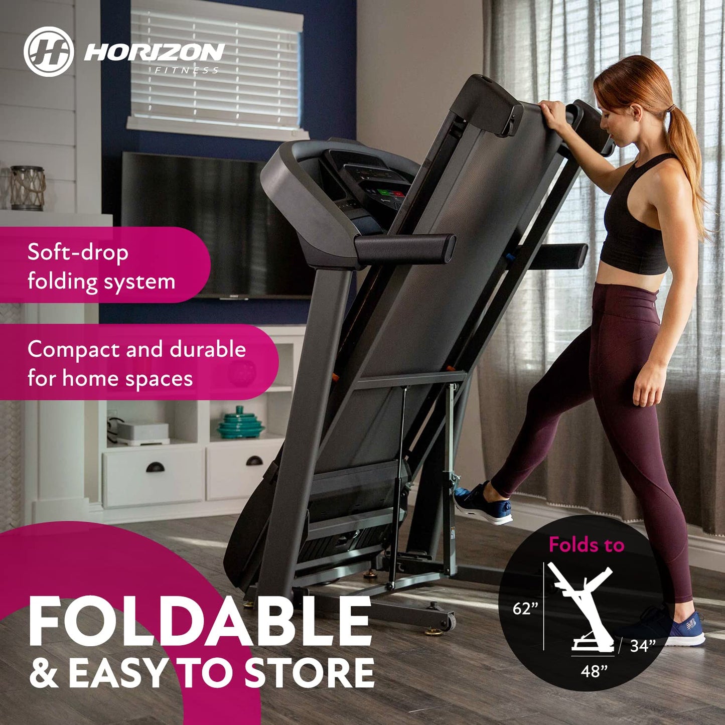 Horizon Fitness T202 Foldable Treadmill Running Machine with Incline, Fitness & Cardio, Lightweight Folding Treadmill with Bluetooth Speakers, EasyDial Controls, Tablet Holder, 325lb Capacity
