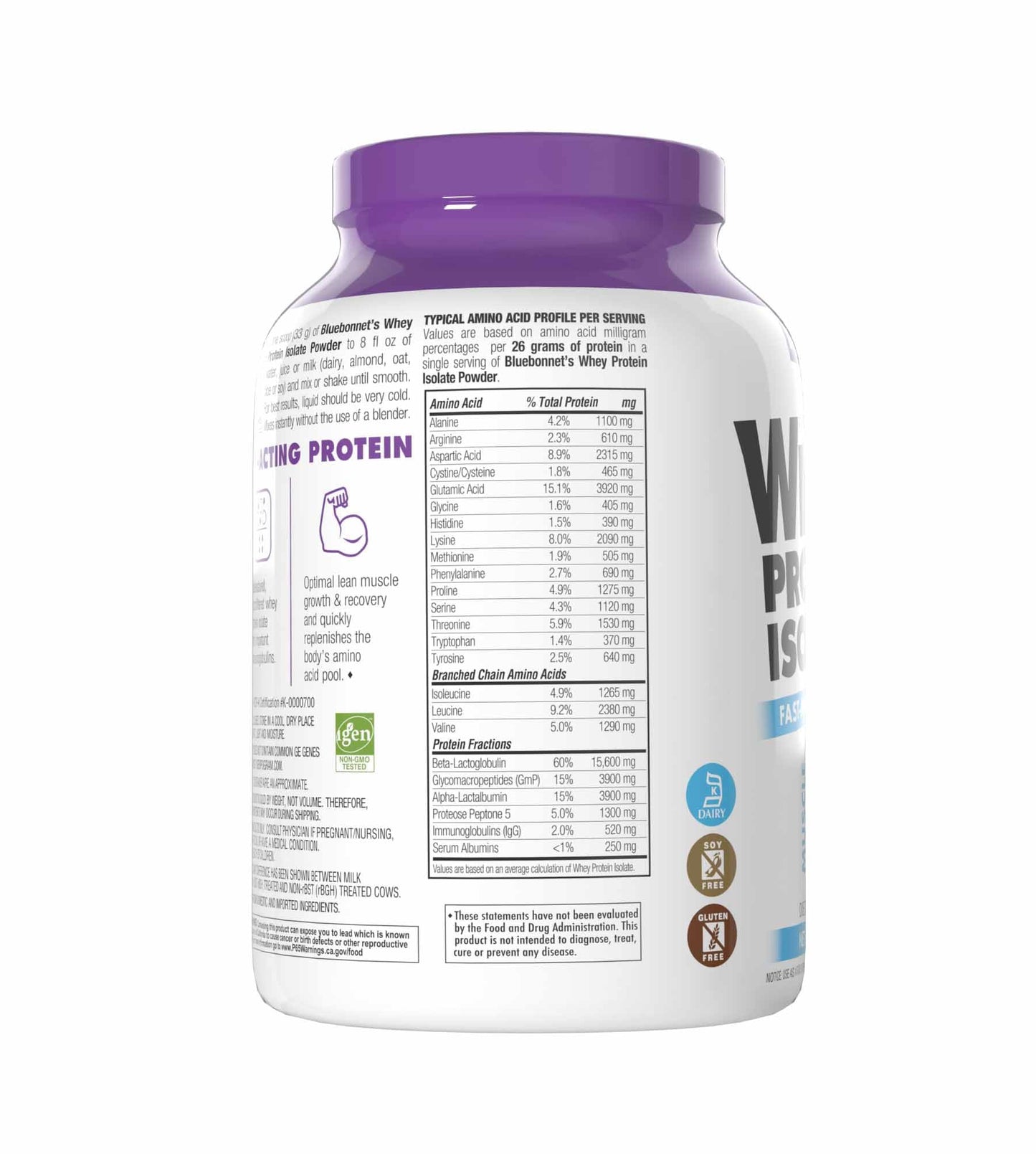 BlueBonnet Nutrition Whey Protein Isolate Powder From Grass Fed Cows, 26g of Protein, No Sugar Added, Gluten & Soy free, kosher Dairy, 2 Lbs, 28 Servings, French Vanilla Flavor
