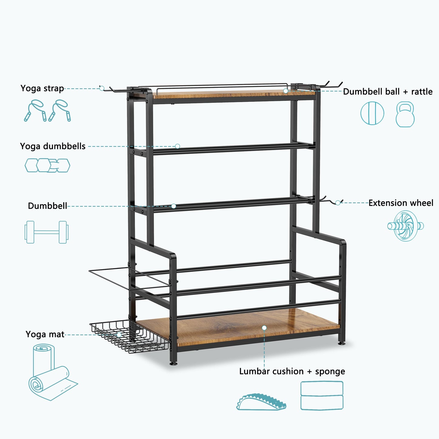 Gym Home Equipment Weight Rack – 3‑Tier Workout Storage Stand for Dumbbells & Kettlebells, Medicine Ball Holder, 460 lb Steel Organizer with Yoga Mat Basket, Hooks, Adjustable Feet, 24 x 16 in