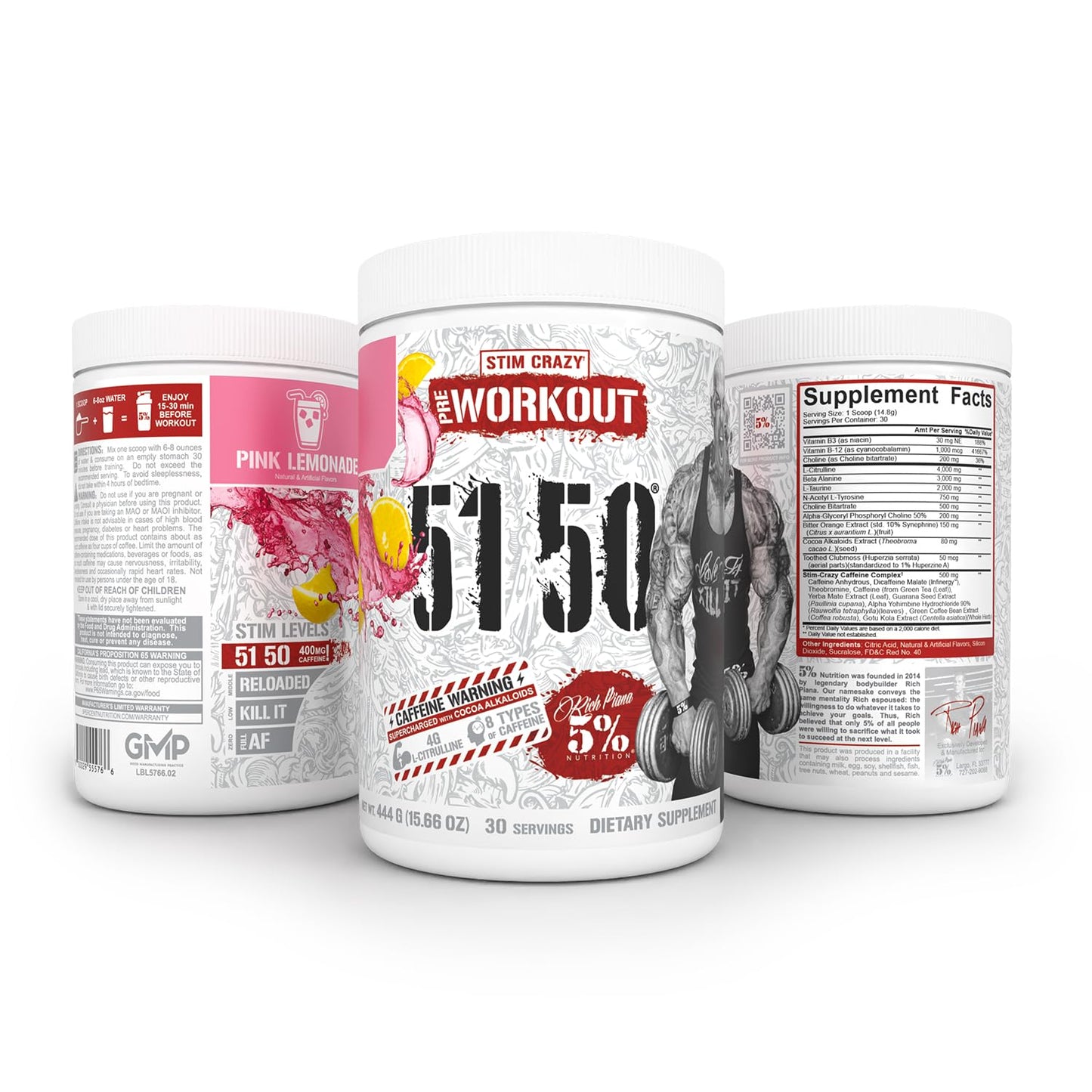 5% Nutrition Rich Piana 5150 High Stim Pre-Workout Powder | Extreme Energy, Focus, Pumps & Endurance | 400 mg Caffeine, Citrulline, Beta Alanine, N-Acetyl L-Tyrosine | 30 Srvgs (Pink Lemonade)