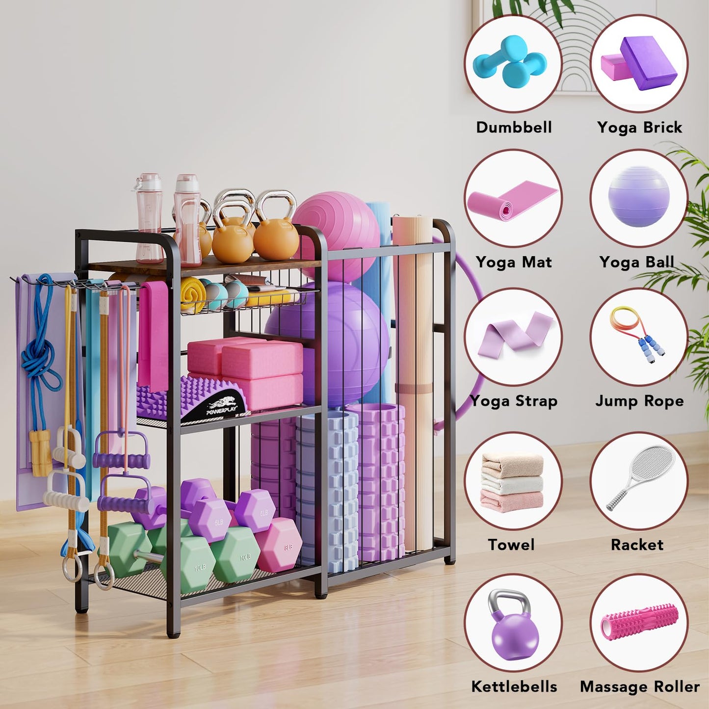 Weight Rack for Home Gym - Exercise Equipment Storage Organizer for Yoga Mat Dumbbells Kettlebells Foam Roller Yoga Strap & Resistance Bands, Ideal Yoga Mat Holder & Workout Equipment Organizer