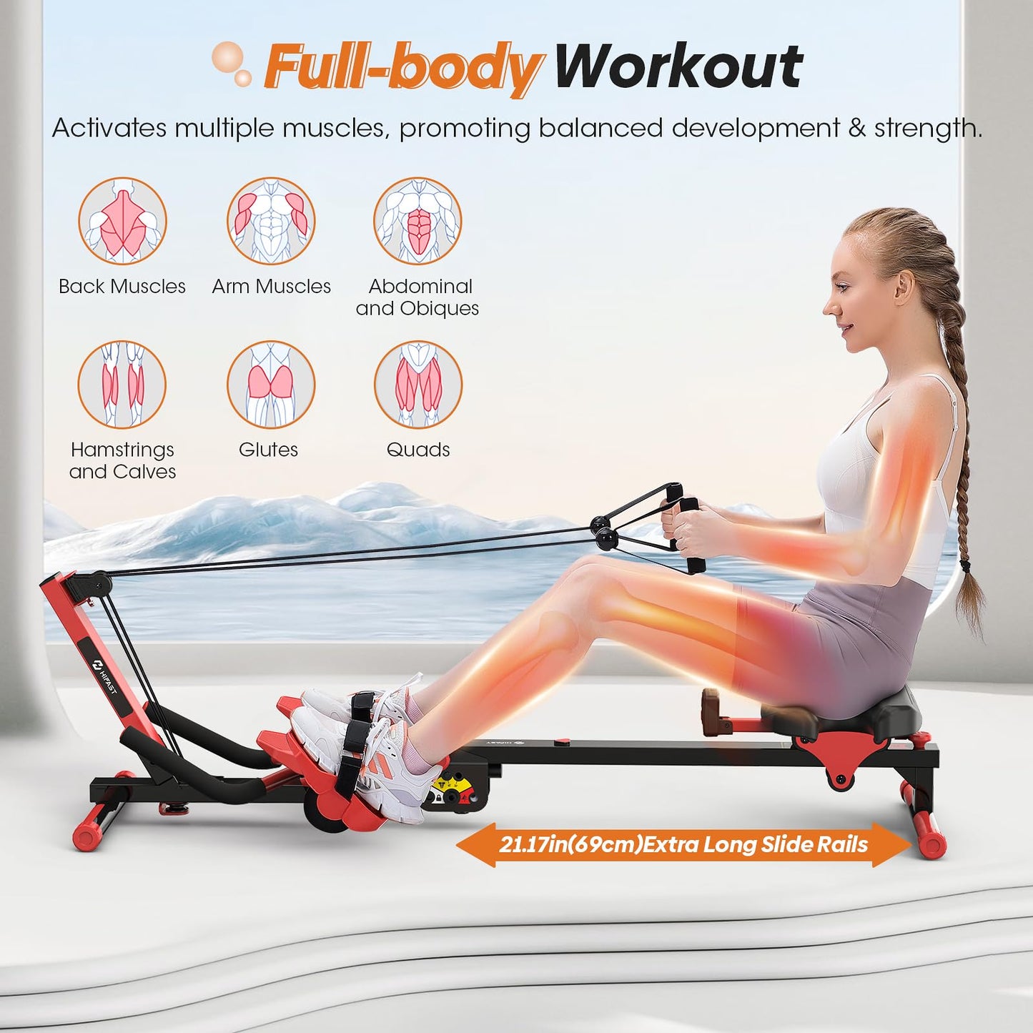 Rowing Machine, 4 in 1 Rowing and Ab Machine with 2 Levels of Workout Resistance, Quiet & Foldable Rower Machine with 3 Adjustable Handle Heights & LCD Monitor, Row Machine for Home Exercise
