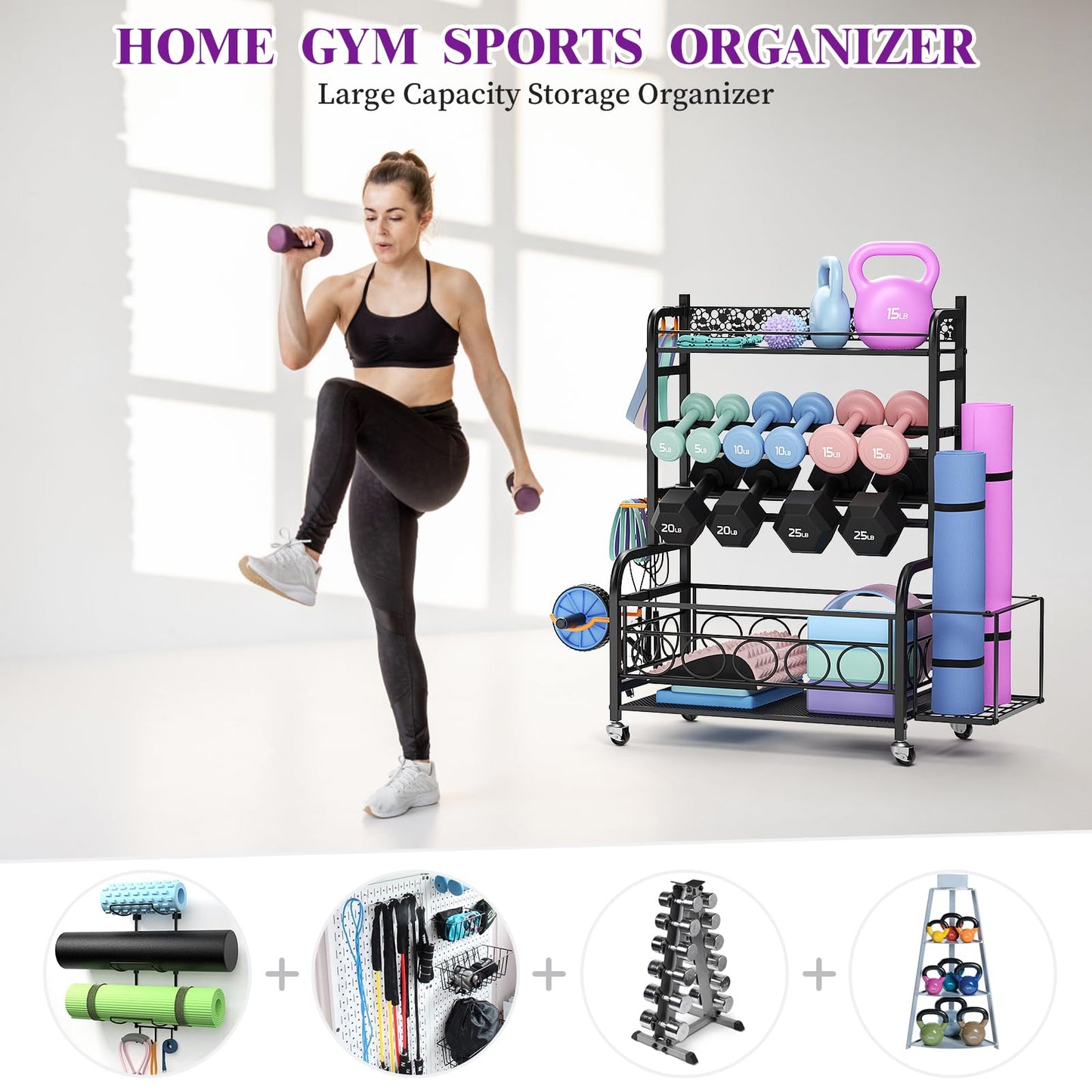 Dumbbell Rack,VOPEAK Weight Rack for Dumbbells, Weight Rack for Home Gym, Home Gym Storage Rack for Yoga Mat Kettlebells and Strength Training Equipment, Weight Storage Rack for Dumbbells with Wheels
