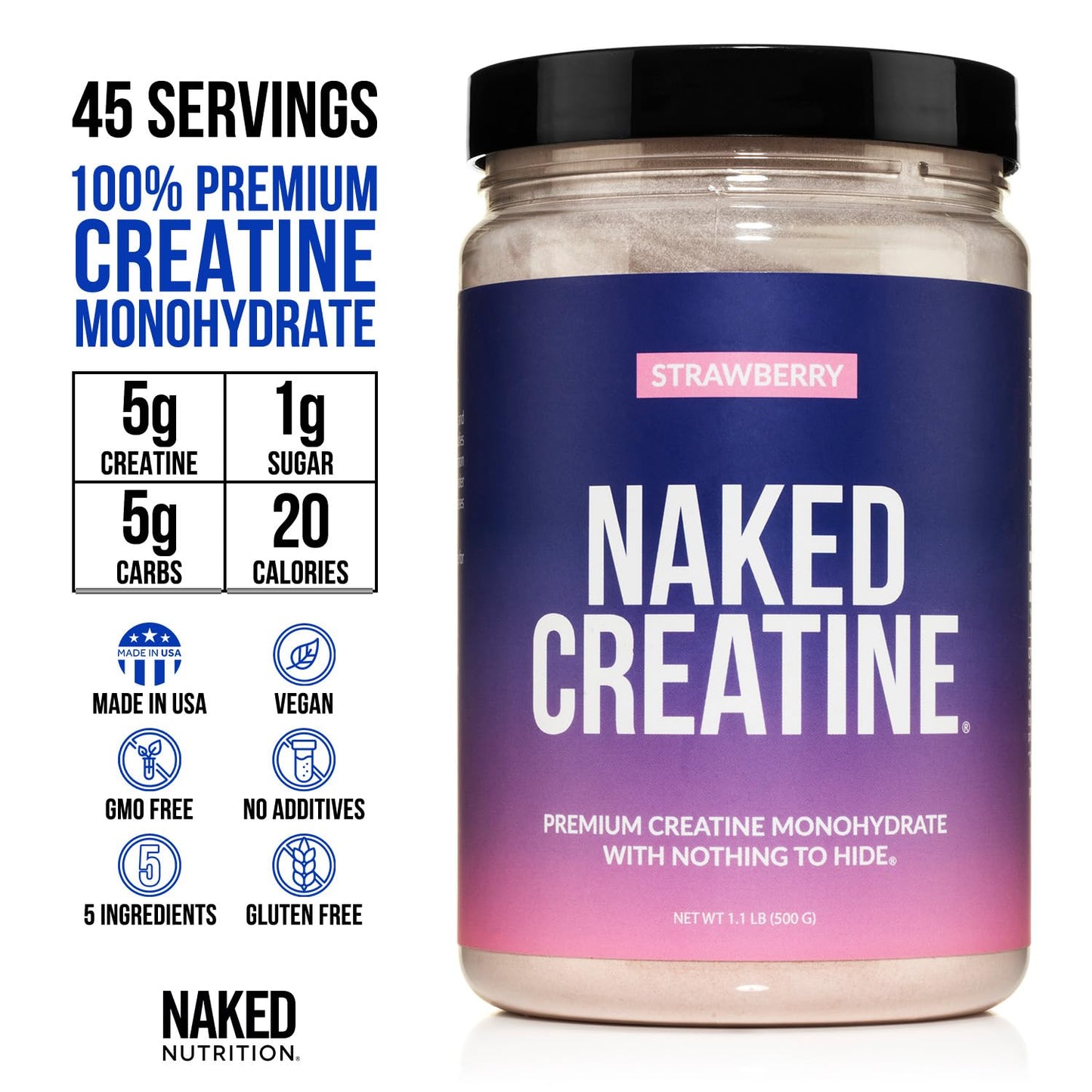 NAKED Creatine - Strawberry Flavored Creatine Monohydrate - Real Strawberry Powder, No Additives, Muscle Growth, Vegan, Non-GMO, Gluten Free, Soy Free - 45 Servings