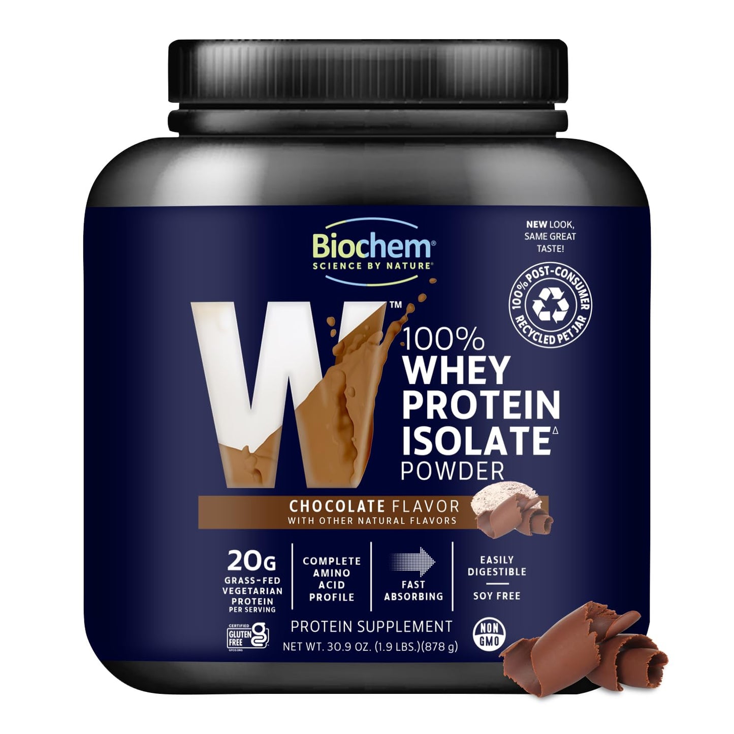 Biochem 100% Whey Isolate Protein Powder, Chocolate Flavor, 20g Grass-Fed Protein, Keto Friendly, Gluten Free, Vegetarian, Easily Digestible, 30.9 oz, 28 Servings