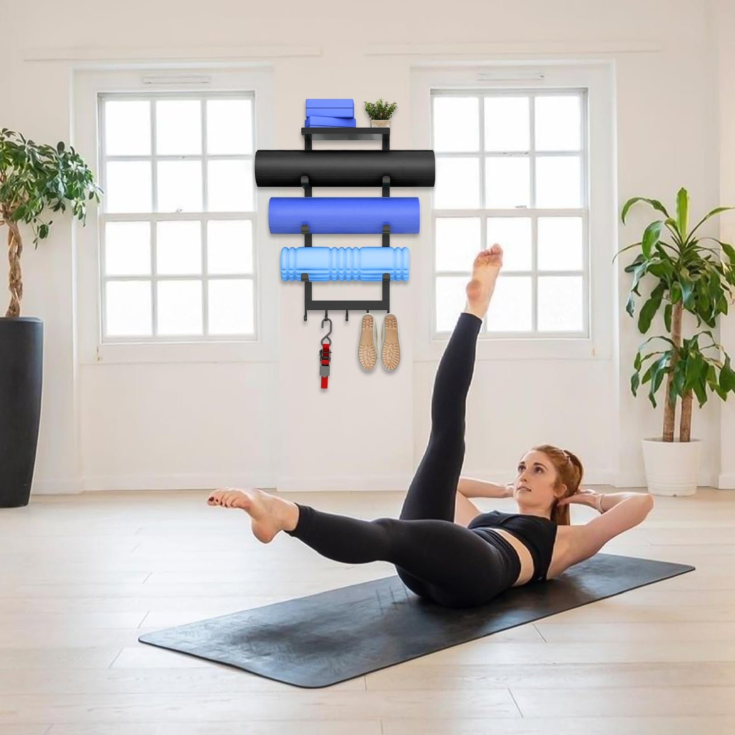 LSK Yoga Mat Holder Wall Mount, Black Yoga Mats Storage Rack, Home Gym Storage with Metal Floating Shelf for Storing Fitness, Yoga Mat Rack with 5 Hooks for Hanging Foam Rollers and Resistance Bands