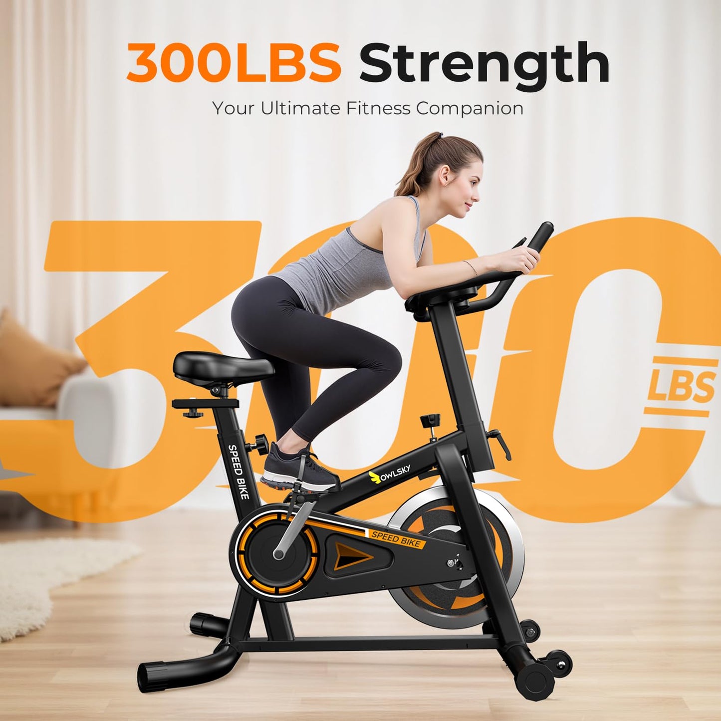OWLSKY Exercise Bike with APP, Wool Felt Indoor Cycling Bike, 300 lbs Capacity Quiet Stationary Bike for Home Gym Cardio Workout, Adjustable Seat & Tablet Holder