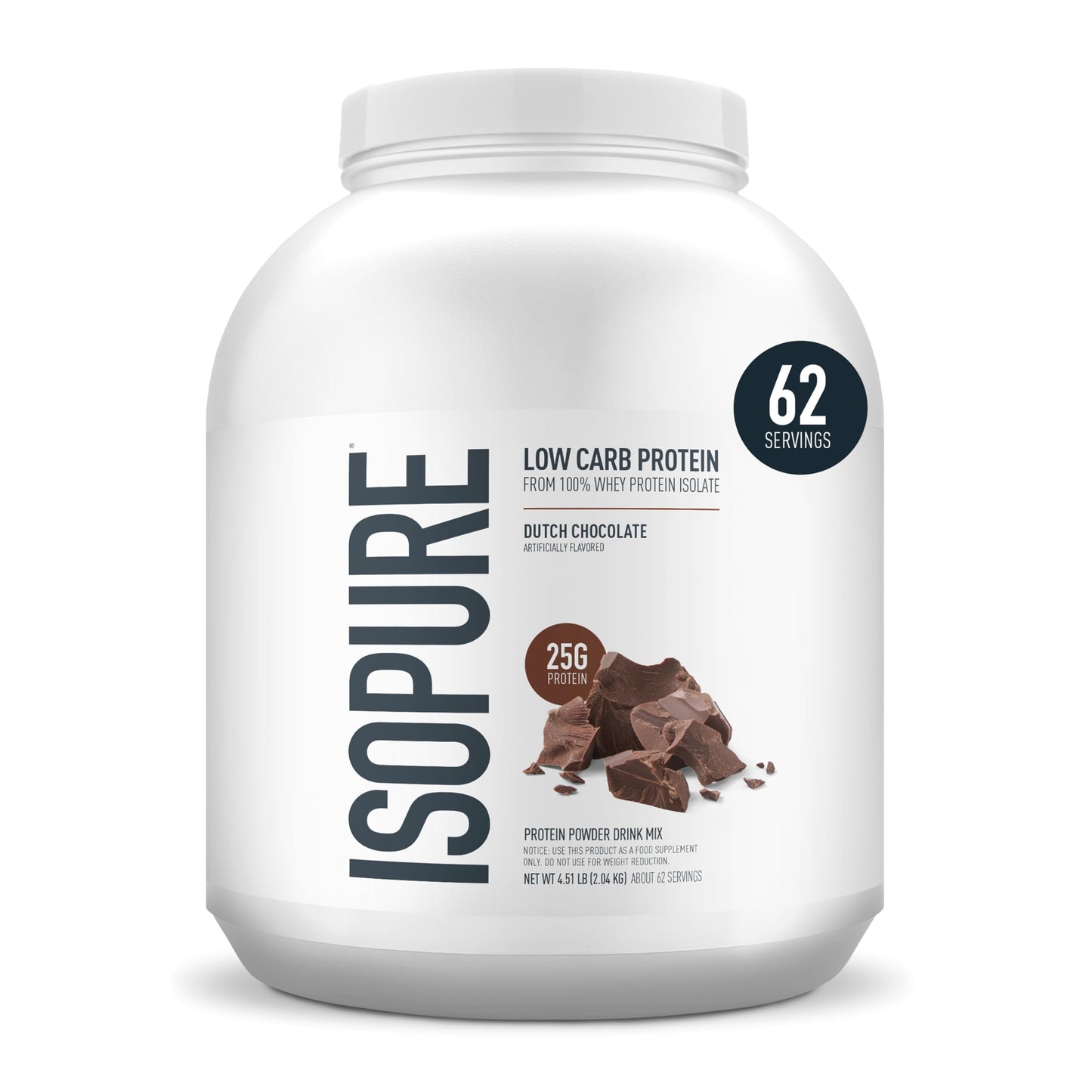 Isopure Low Carb 100% Pure Whey Isolate Protein Powder, Lactose Free, Gluten Free, With Vitamins, Dutch Chocolate, 25g Protein Per Serving, 4.5 Lbs, 62 Servings (Packaging May Vary)