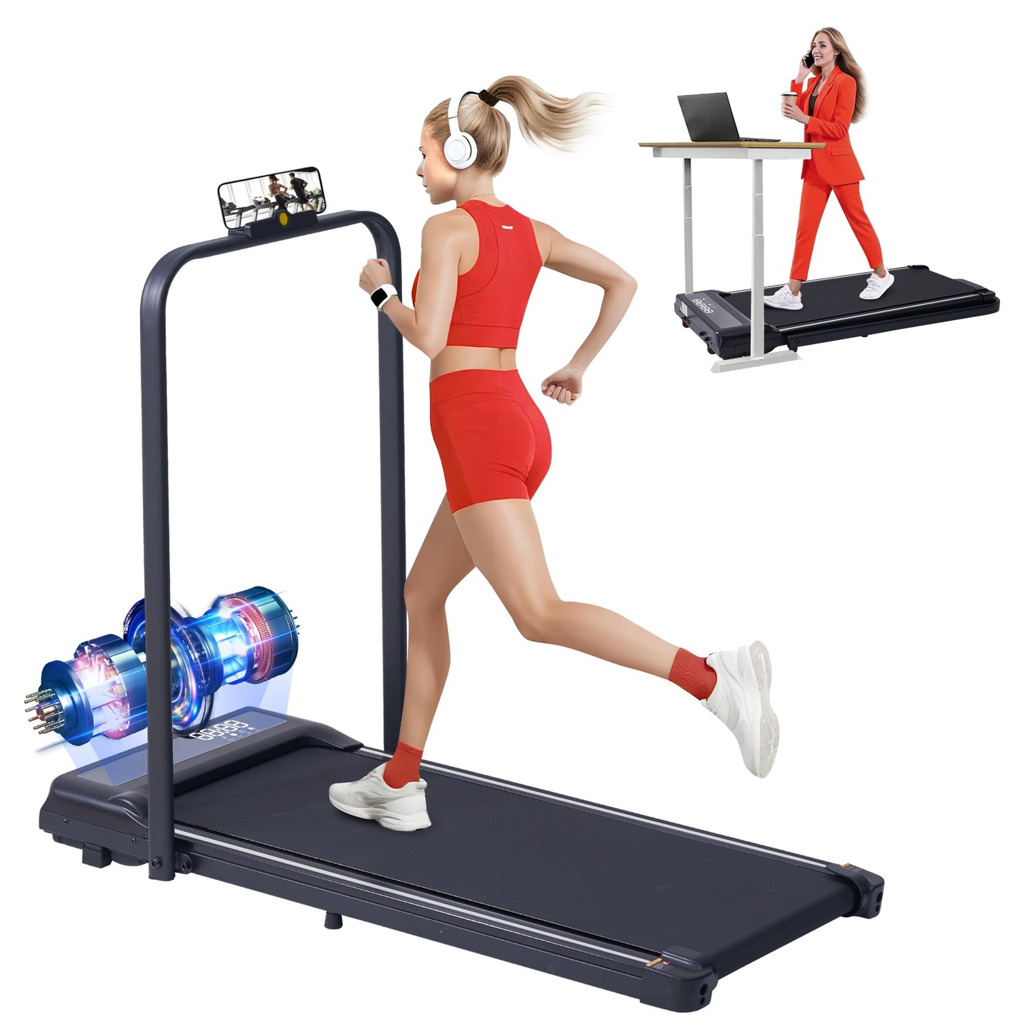 Foldable Walking Pad Treadmill with Handle Bar, 3.0HP Portable Under Desk Treadmills for Home Small, 3-in-1 Folding Walking Pads Treadmills with Handles, Compact Treadmill with LED Display