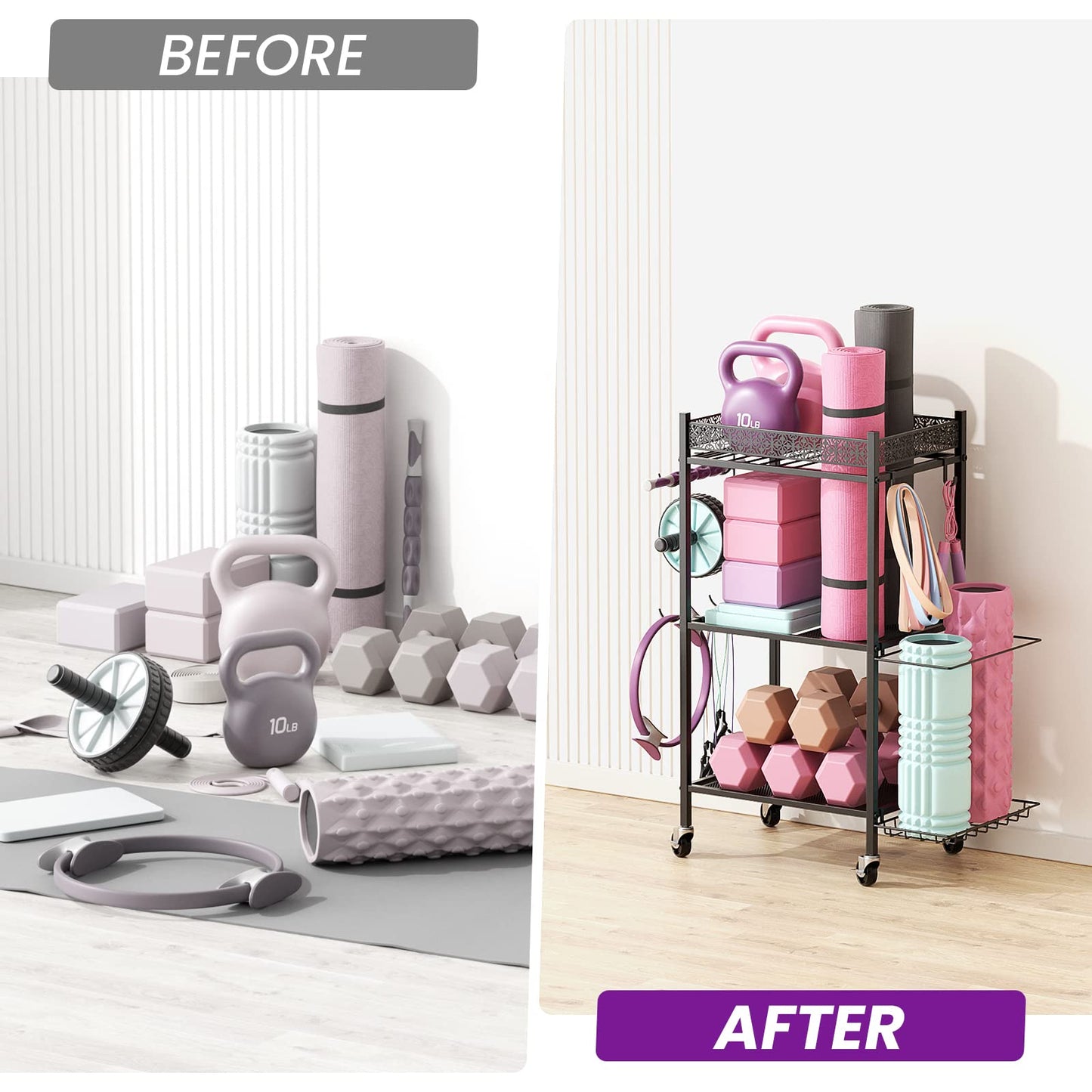 Yoga Mat Storage Rack, Home Gym Storage Rack, VOPEAK Workout Storage for Yoga Mat, Foam Roller, Equipment Gym Storage for Home Exercise and Fitness Gear (Metal)