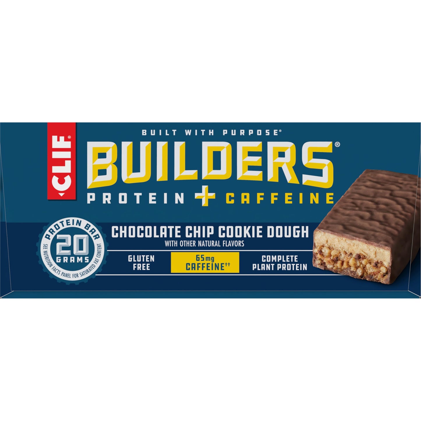 CLIF BUILDERS + Caffeine Protein Bars - Chocolate Chip Cookie Dough Flavor - 20g Plant Based Protein - Gluten Free - Non-GMO - Low Glycemic - No Artificial Sweeteners - 2.4 oz. (12 Pack)