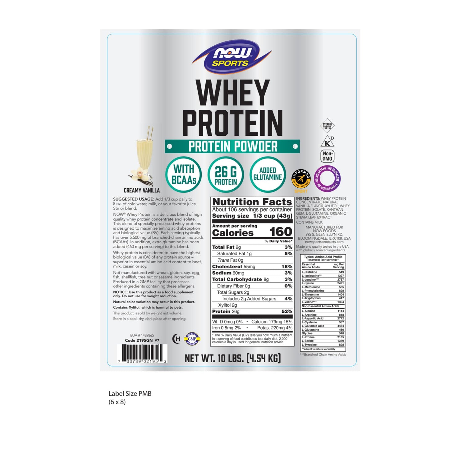 NOW Foods Sports Nutrition, Whey Protein, 26 G With BCAAs, Creamy Vanilla Powder, 10-Pound