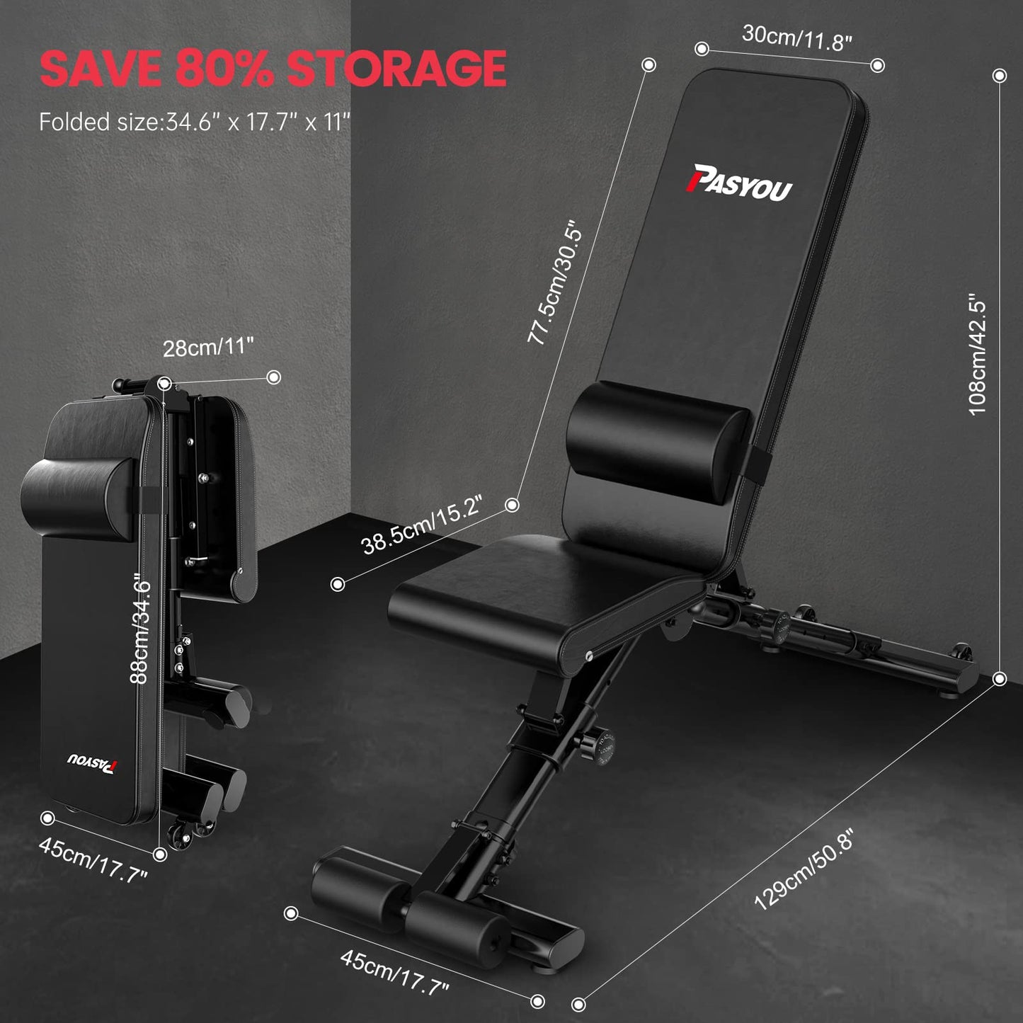 PASYOU Adjustable Weight Bench,880LB Weight Capacity for Strength Training Bench Press Foldable Incline Decline Bench for Full Body Workout PA500