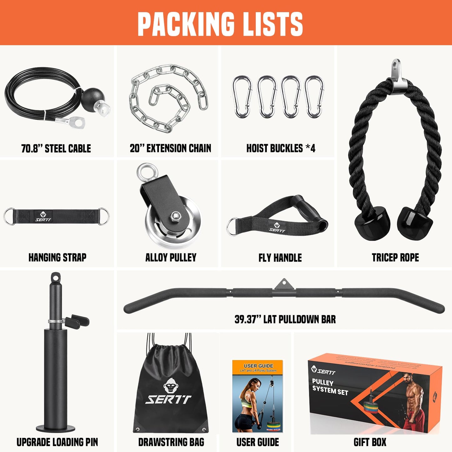 SERTT Cable Pulley System Gym, Power Rack Pulley Attachment with 2-in-1 LAT Pull Down Bar and Upgraded Loading Pin,Used for Triceps Pulldown, Biceps, Back, Shoulder