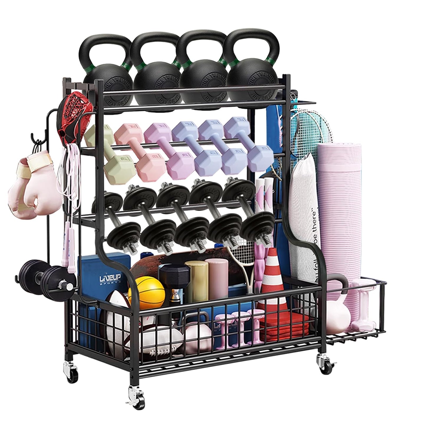 Hiee Dumbbell Rack, Weight Rack for Kettlebells, Heavy-Duty Home Gym Storage Rack for Yoga Mat and Workout Equipment, Storage Holder with Wheels and Hooks (320lb)