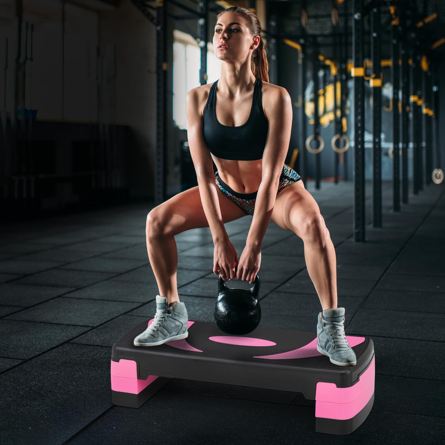 SFIHOME 31" Aerobic Exercise Step Platform, Step Up Exercise Platform with 4" 6" 8" Adjustable Risers, Stair Stepper Workout Stepper for Home Gym Strength Training Fitness Equipment, Pink